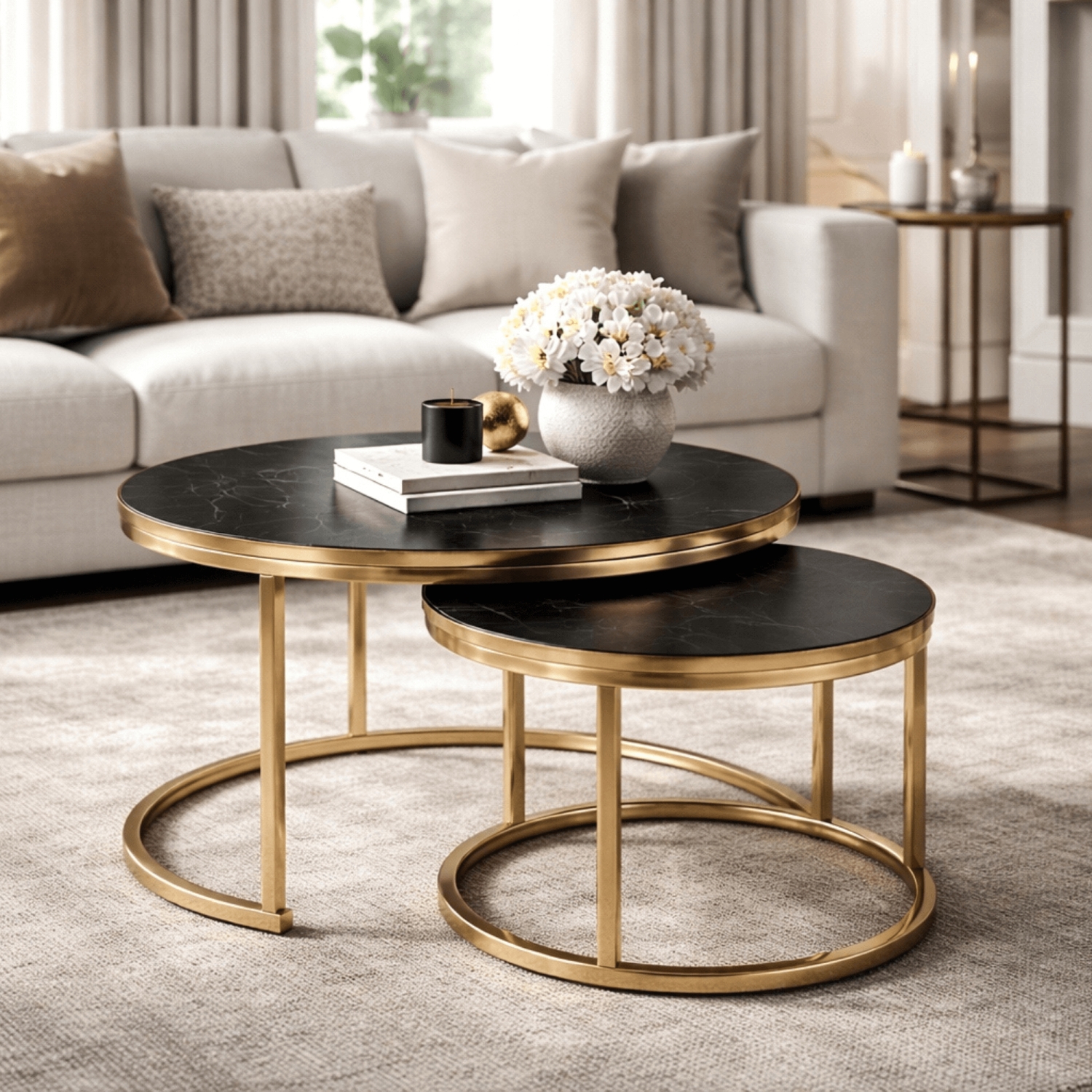 Zestaw Stolików Kawowych ARON 70 cm/50 cm Czarny Marmur/Złoty Glamour ME.ARON/CZ/ZL/L