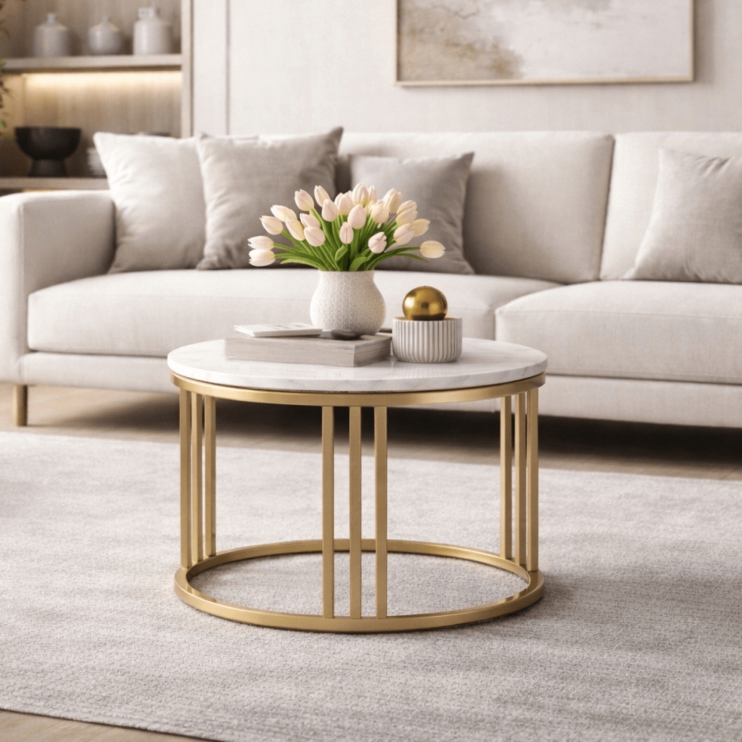 Stolik Kawowy KORIN 70 cm Biały Połysk/Złoty Glamour Nowoczesny ME.KORIN/B/PL/ZL/L