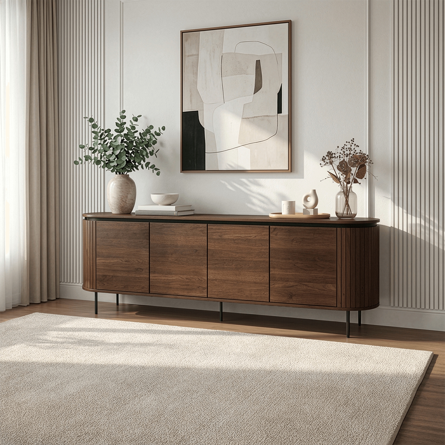 Komoda do Salonu BECK 200 cm Orzech Czterodrzwiowa Ryflowana Nowoczesna ME.BECK/O/KOM200