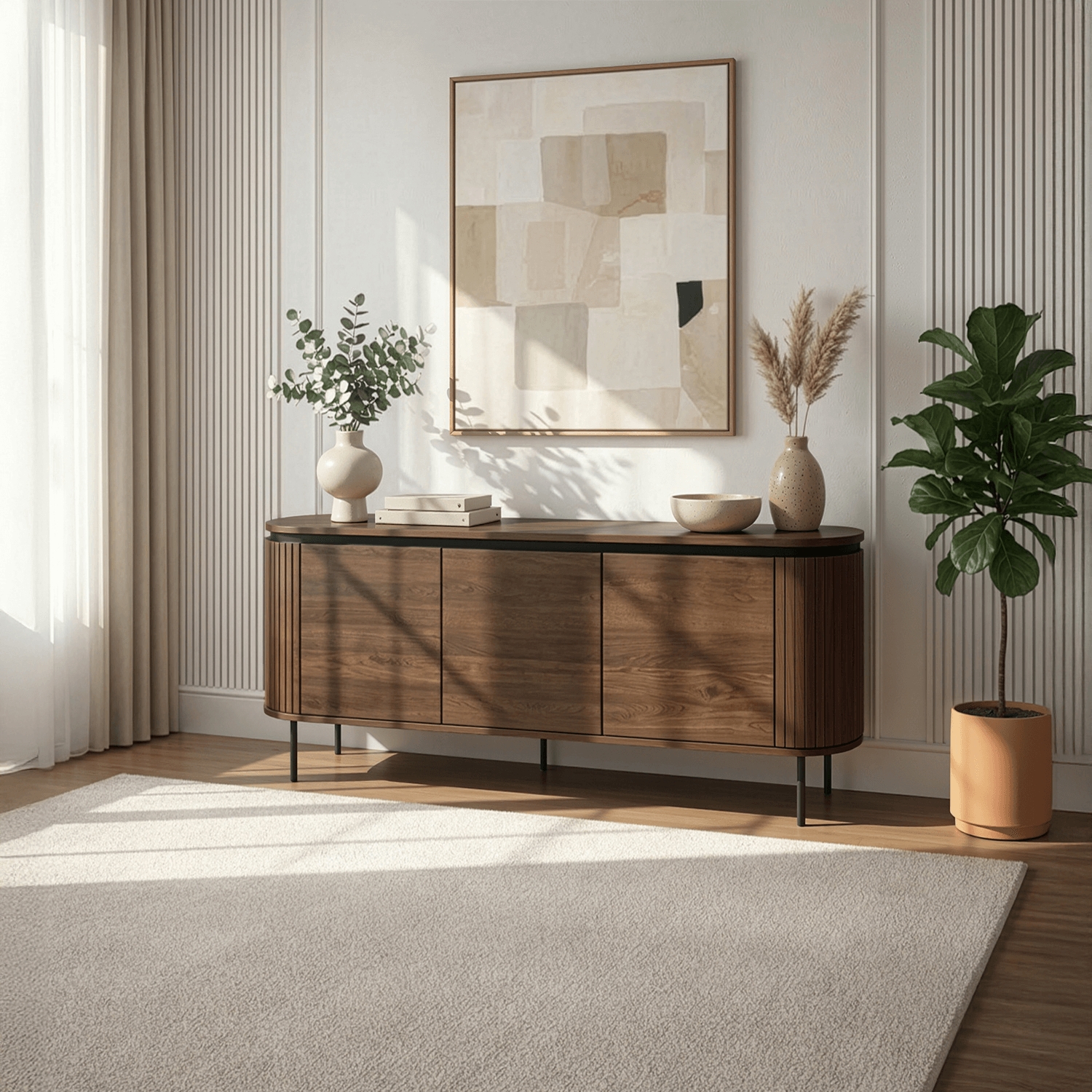 Komoda do Salonu BECK 160 cm Orzech Trzydrzwiowa Ryflowana Nowoczesna ME.BECK/O/KOM160