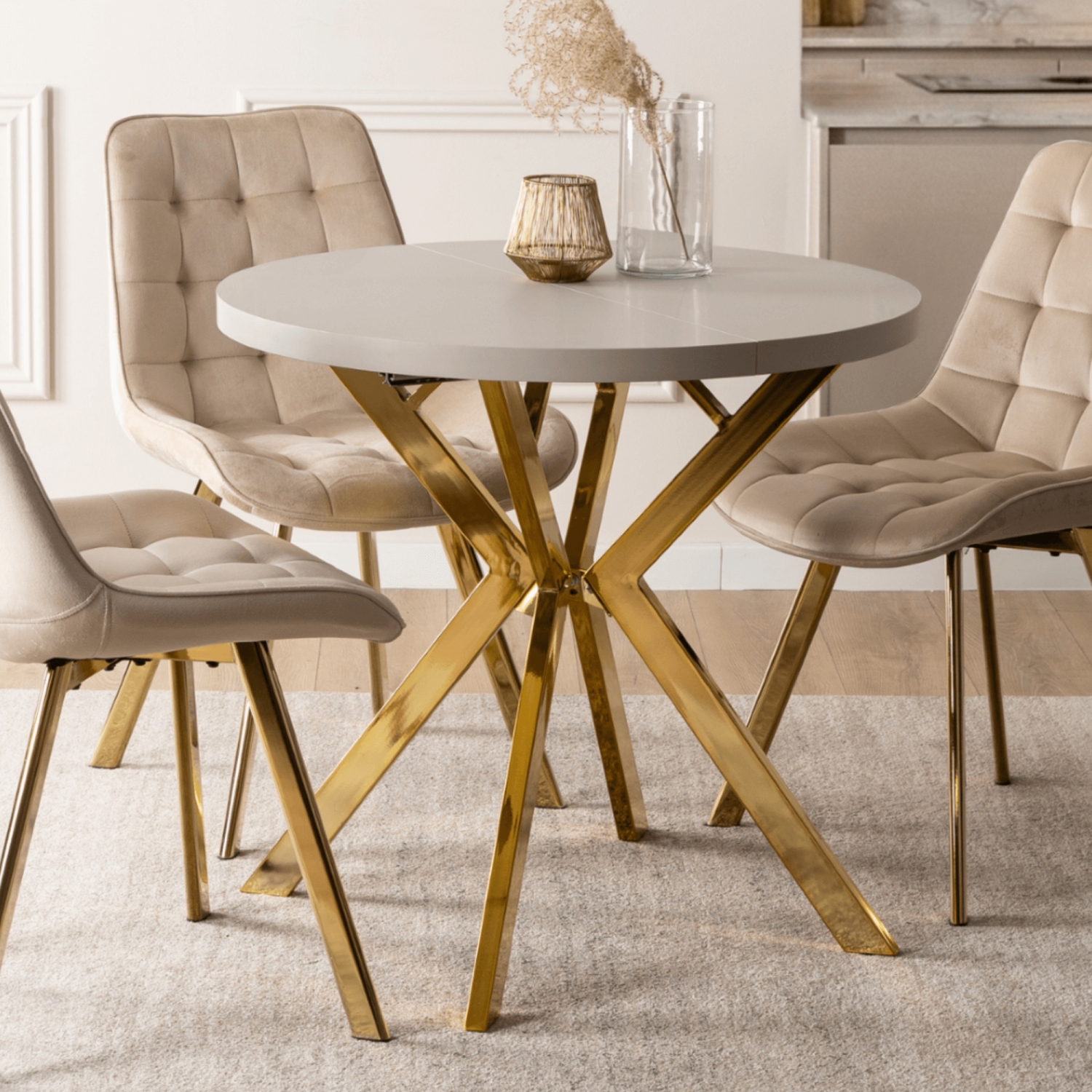 Stół Okrągły Rozkładany DORIAN 80-160 cm Kaszmir/Złoty Glamour ME.DORIAN/KASZ/ZL/S