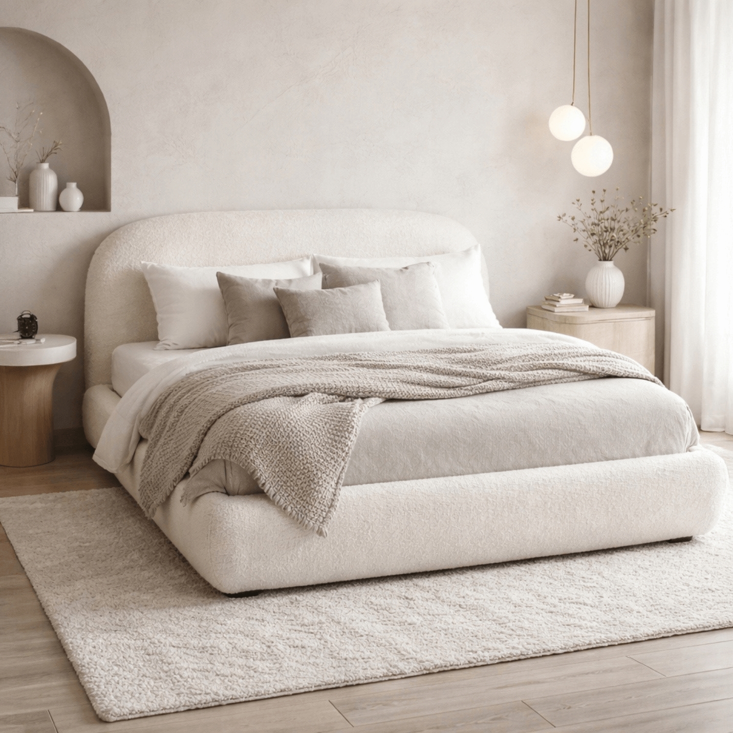 Łóżko Tapicerowane 160x200 cm ROSSO ze Stelażem i Pojemnikiem Dwuosobowe Boucle Kremowe ME.ROSSO/160/KR/TB/LOZZPOJ