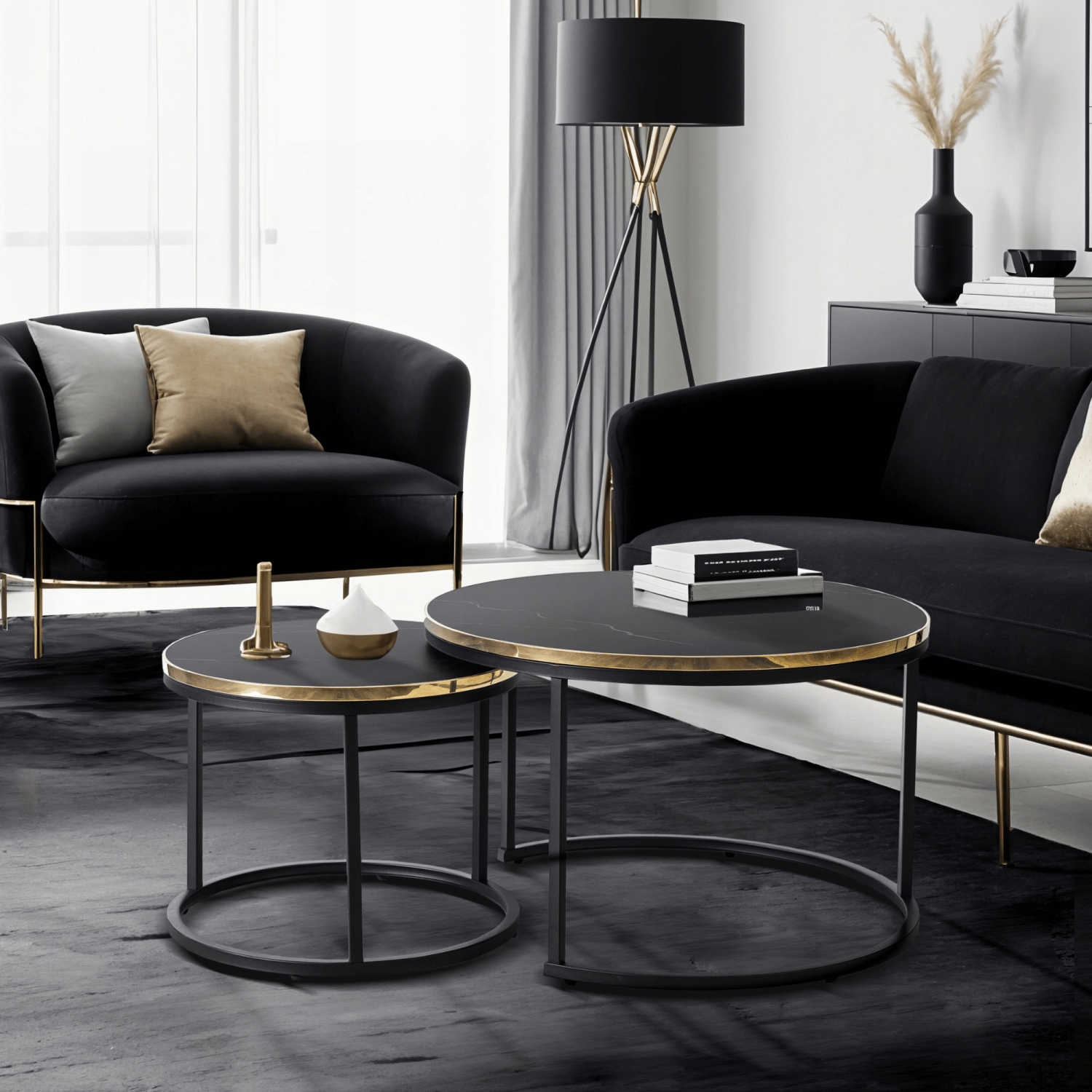 Zestaw Stolików Kawowych ARON 70 cm/50 cm Czarny Marmur Glamour ME.ARON/CZ/CZ/L