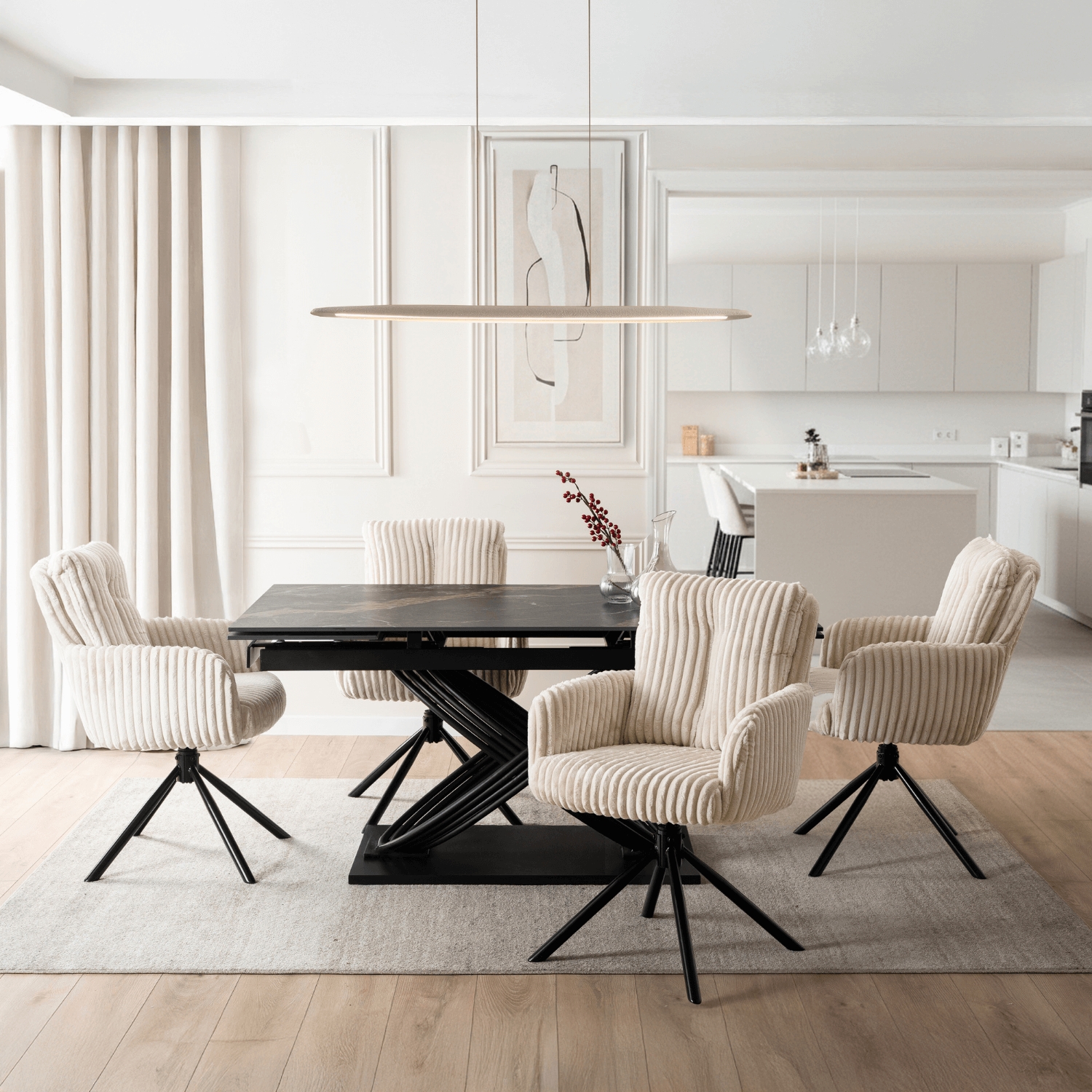 Zestaw Stół Rozkładany IBIZA 160-240 cm Czarny Marmur i 4 Krzesła Tapicerowane JUNE Kremowe Sztruksowe IBIZA/CZZL/CZ/S160-240/JUNE/KR/SZTR/Z4/K