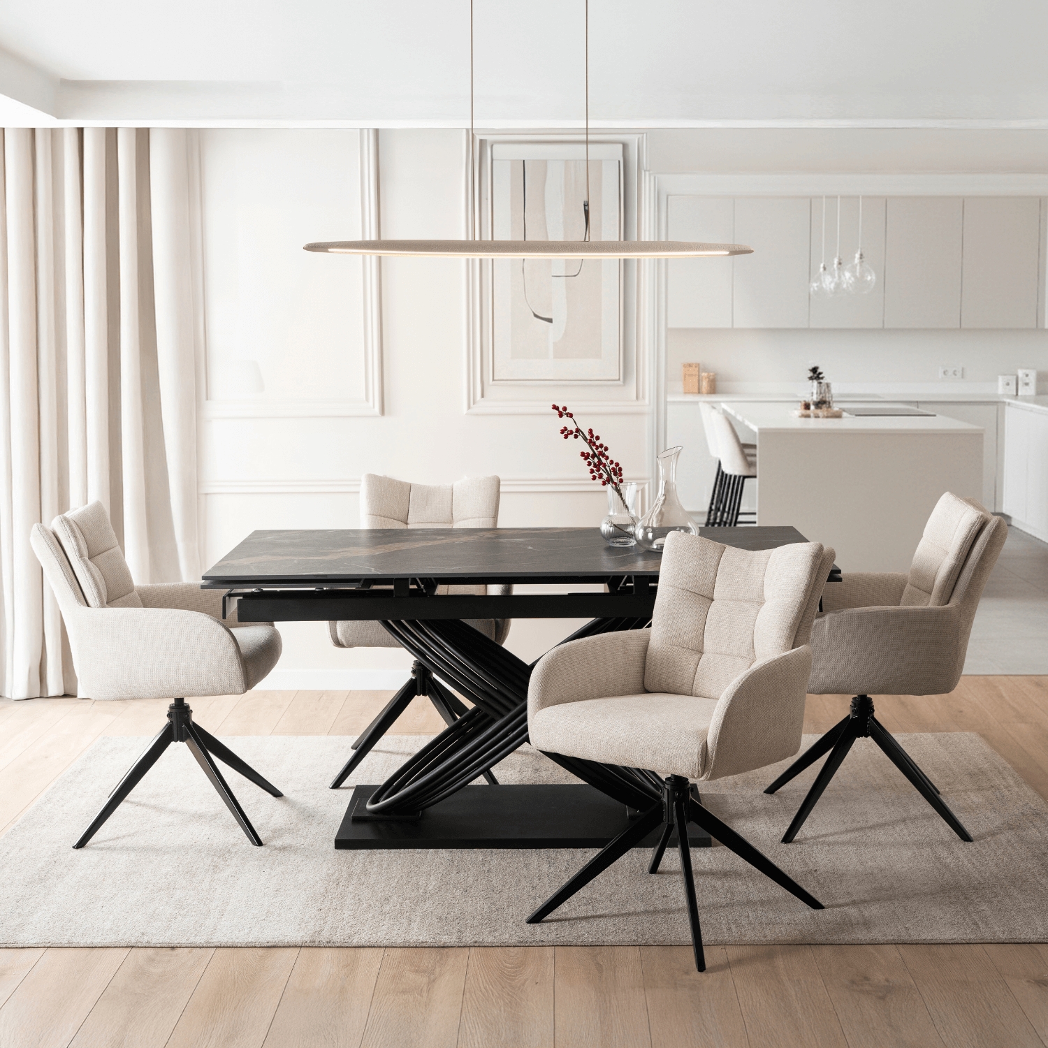 Zestaw Stół Rozkładany IBIZA 160-240 cm Czarny Marmur i 4 Krzesła Tapicerowane JULY Kremowe Nowoczesne IBIZA/CZZL/CZ/S160-240/JULY/KR/T/Z4/K