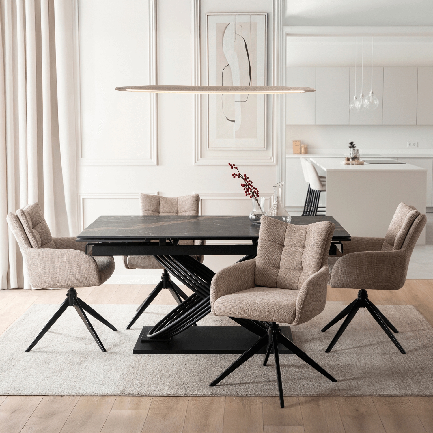 Zestaw Stół Rozkładany IBIZA 160-240 cm Czarny Marmur i 4 Krzesła Tapicerowane JULY Beżowe Nowoczesne IBIZA/CZZL/CZ/S160-240/JULY/BZ/T/Z4/K