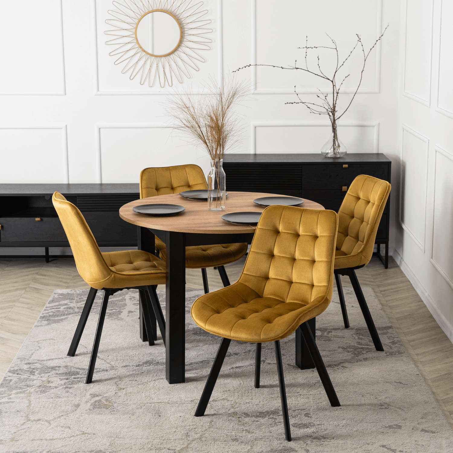 Zestaw Stół Okrągły Rozkładany HARRY 102-142 cm Dąb Craft/Czarny i 4 Krzesła Tapicerowane RICK Musztardowe Nowoczesne W.HARRY/DC/CZ/S/RICK/CU/V/Z4/K