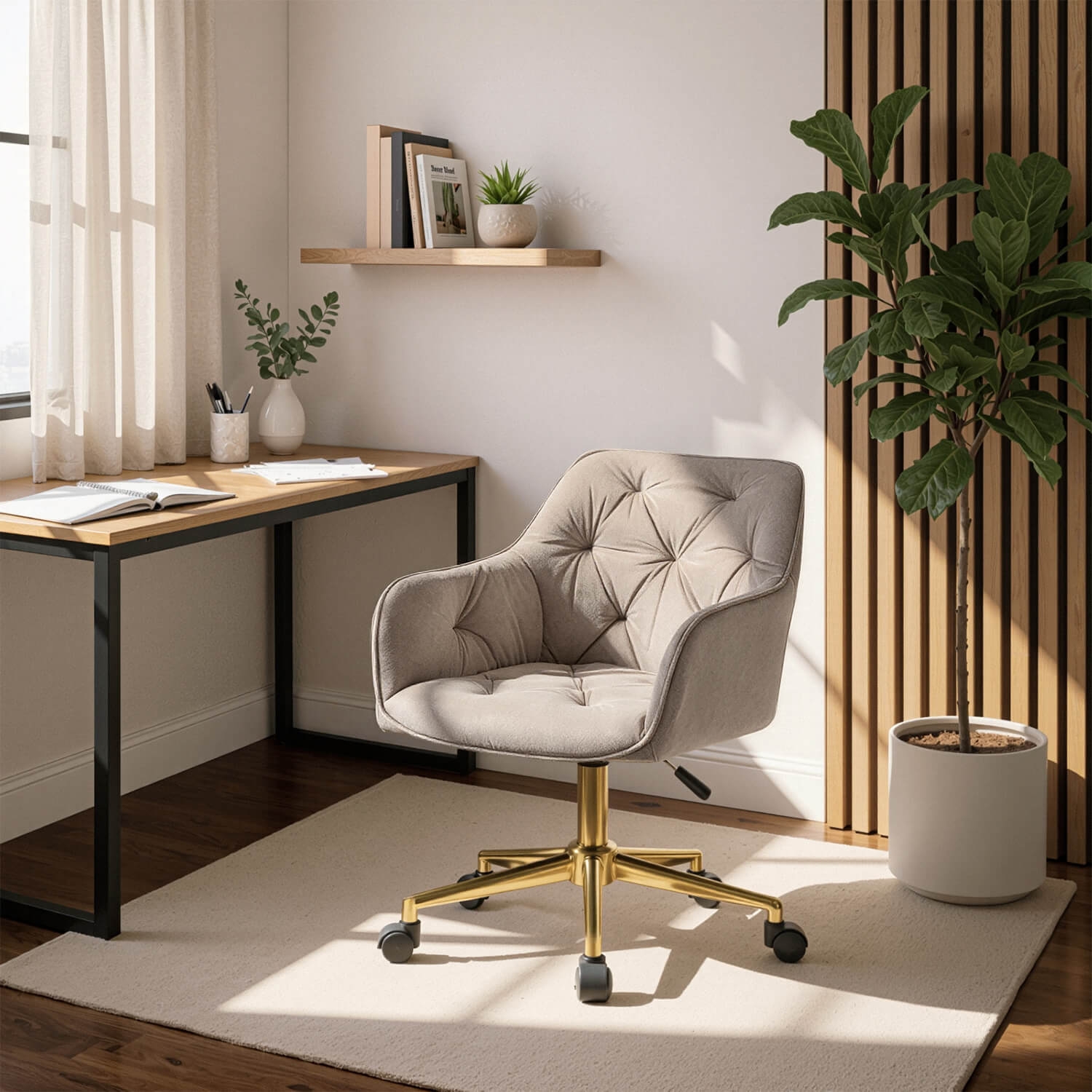 Fotel Młodzieżowy Obrotowy KONOR Beżowy Ze Złotymi Nogami Welurowy Nowoczesny Glamour ME.KONOR/BZ/ZL/V/FO