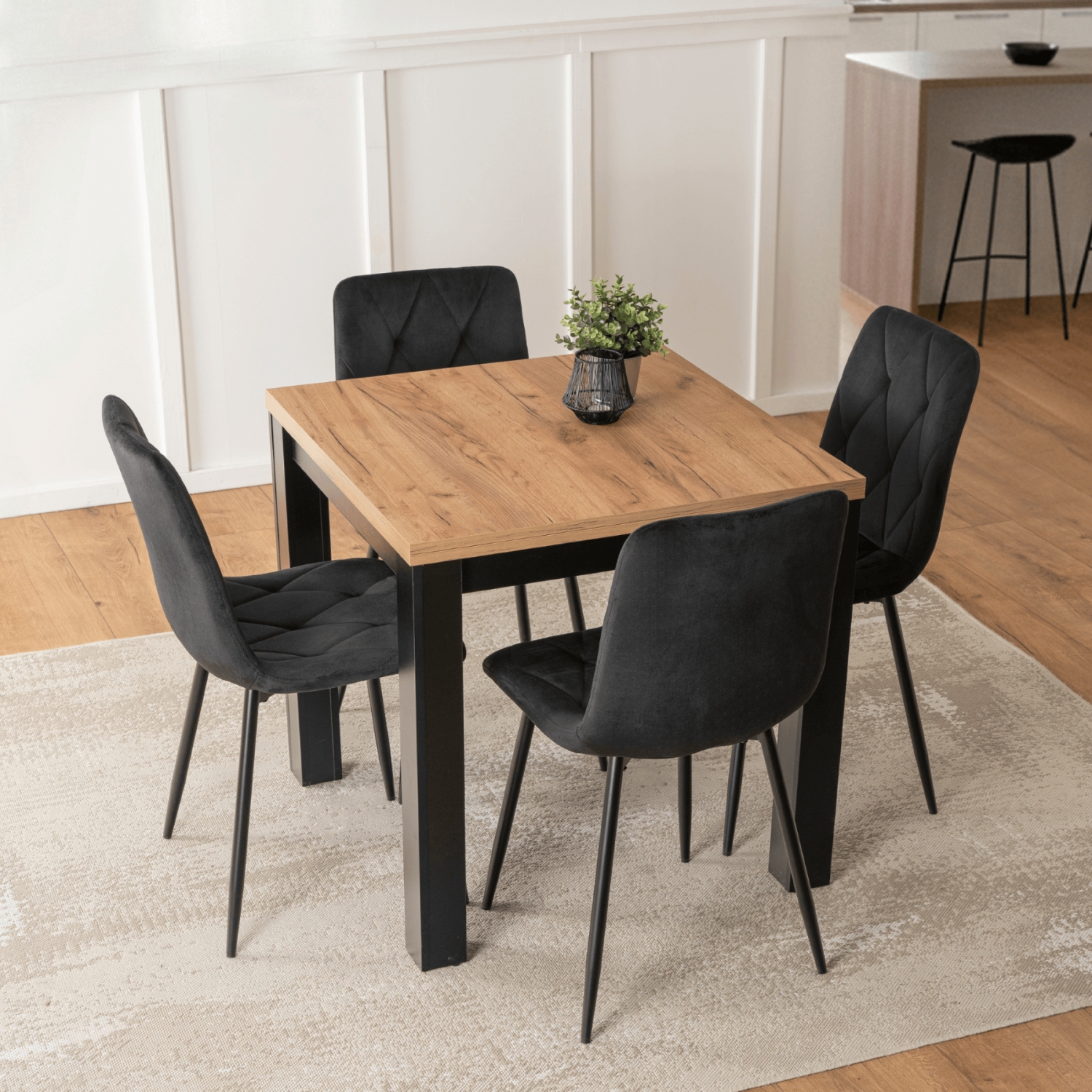 Zestaw Stół Kwadratowy Rozkładany MAX 80-160 cm Dąb Craft/Czarny i 4 Krzesła ROBIN Czarne Welurowe W.MAX/DC/CZ/S/ROBIN/CZ/V/Z4/K