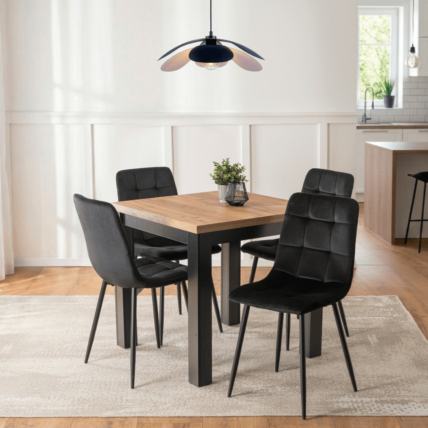 Zestaw Stół Kwadratowy Rozkładany MAX 80-160 cm Dąb Craft/Czarny i 4 Krzesła PERU Czarne Welurowe W.MAX/DC/CZ/S/PERU/CZ/V/Z4/K