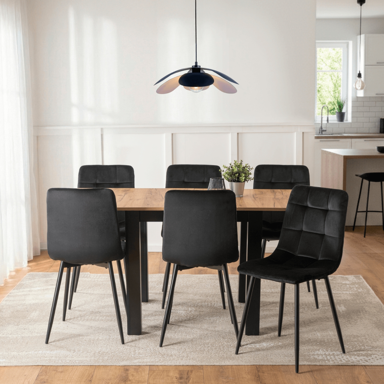 Zestaw Stół Kwadratowy Rozkładany MAX 80-160 cm Dąb Craft/Czarny i 6 Krzeseł PERU Czarnych Welurowych W.MAX/DC/CZ/S/PERU/CZ/V/Z6/K