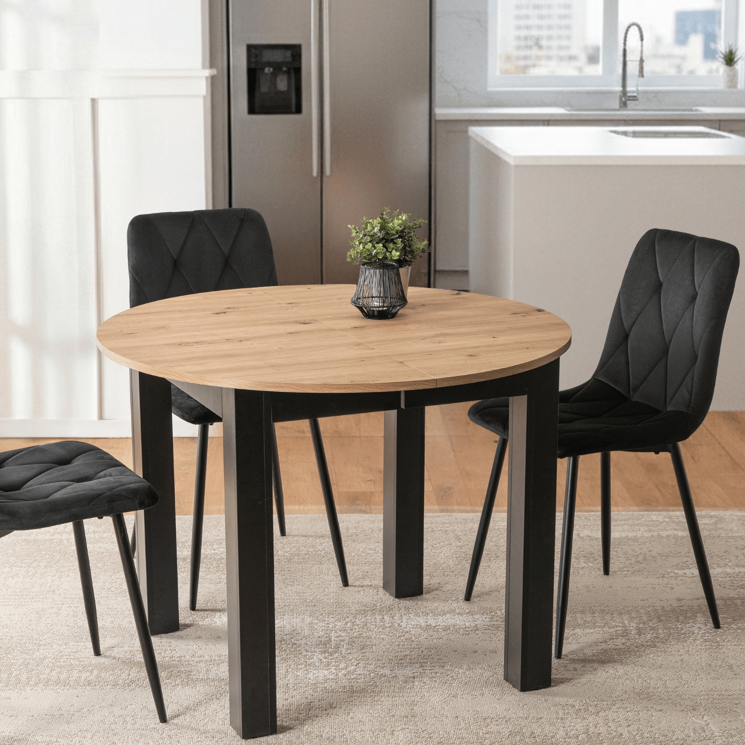 Stół Okrągły Rozkładany HARRY 102-142 cm Dąb Artisan/Czarny Nowoczesny W.HARRY/DA/CZ/S