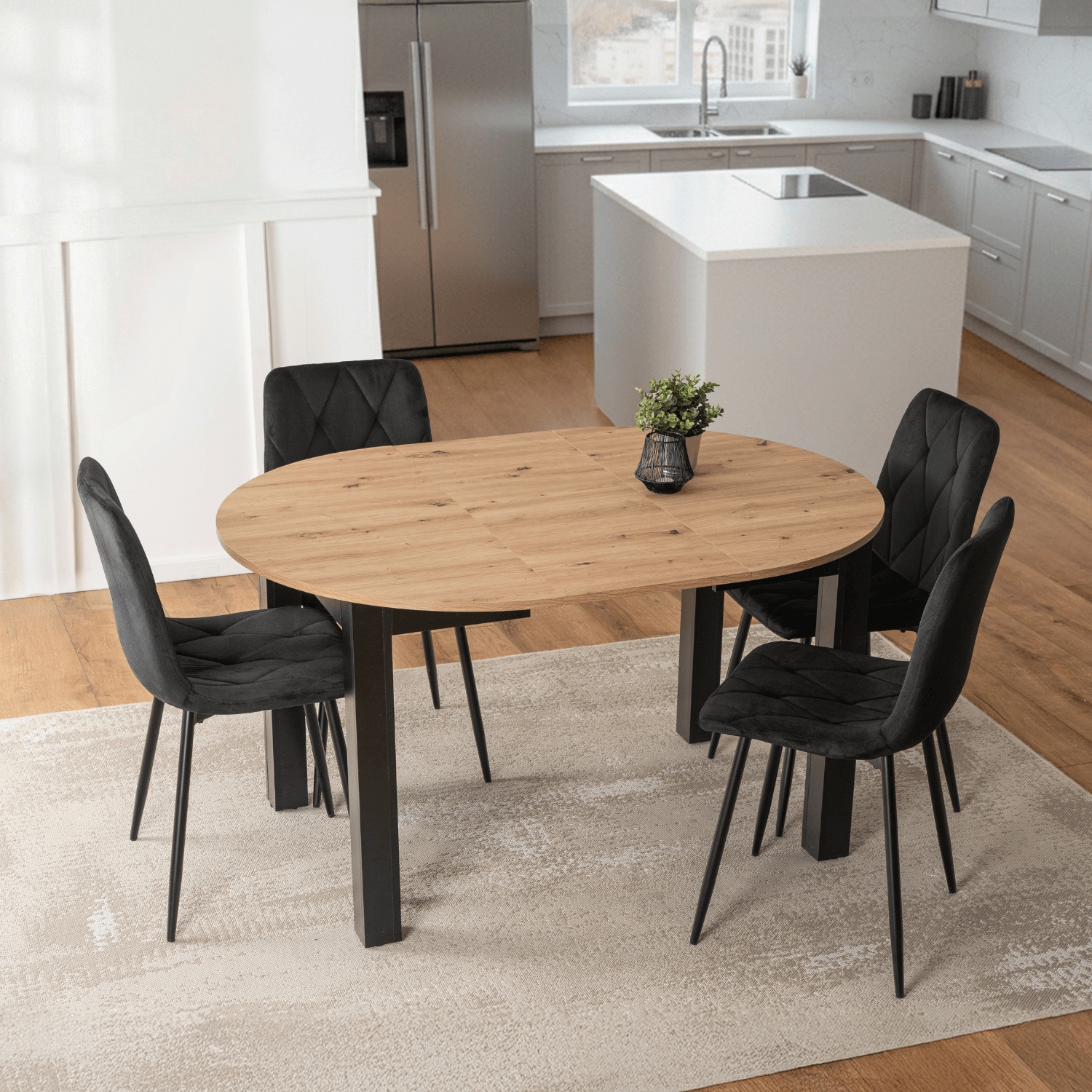 Stół Okrągły Rozkładany HARRY 102-142 cm Dąb Artisan/Czarny Nowoczesny W.HARRY/DA/CZ/S