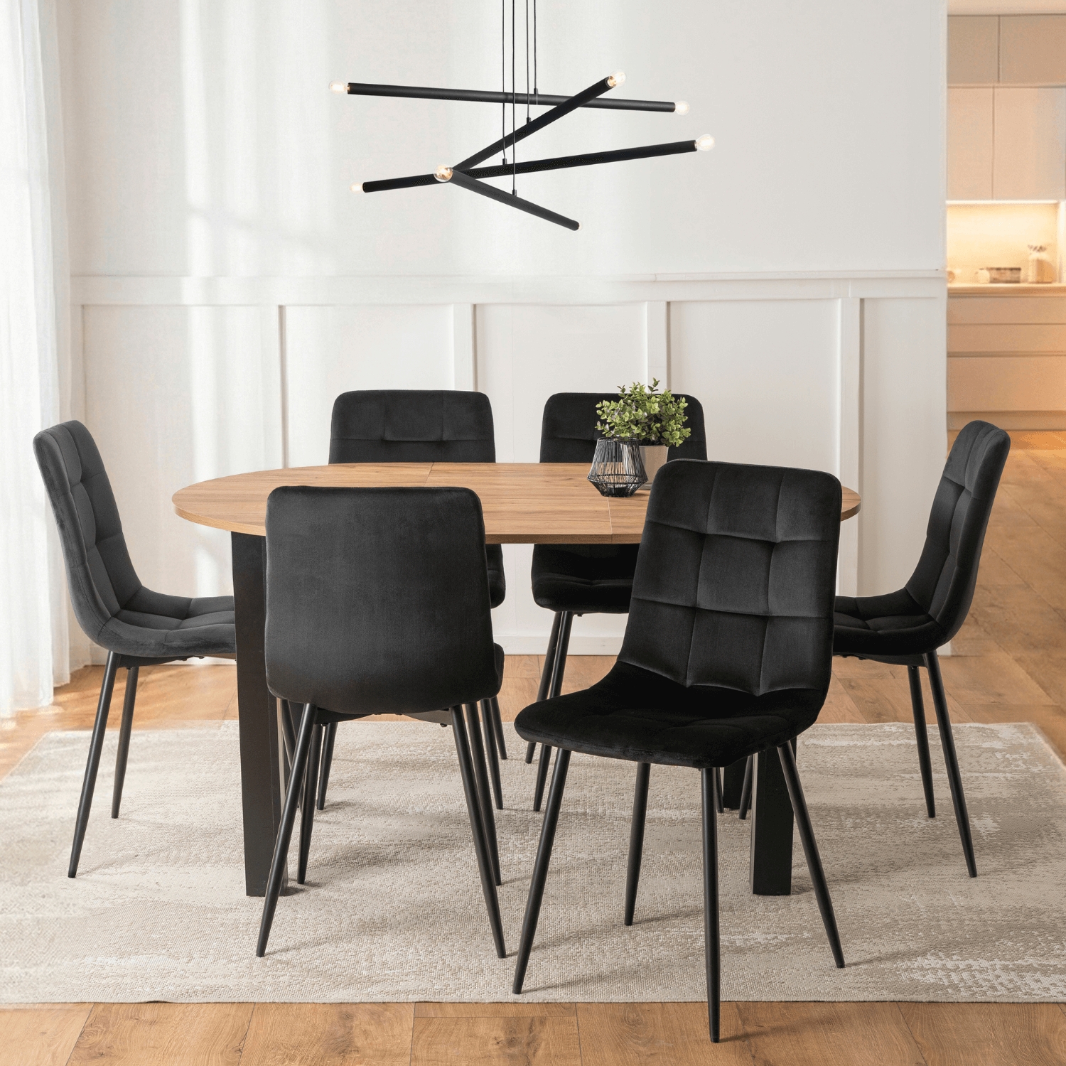 Zestaw Stół Okrągły Rozkładany HARRY 102-142 cm Dąb Craft/Czarny i 6 Krzeseł PERU Czarnych Welurowych W.HARRY/DC/CZ/S/PERU/CZ/V/Z6/K