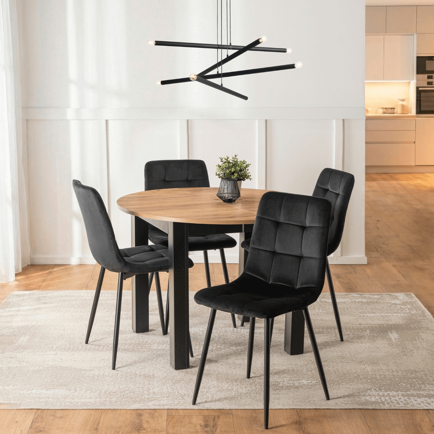 Zestaw Stół Okrągły Rozkładany HARRY 102-142 cm Dąb Craft/Czarny i 4 Krzesła PERU Czarne Welurowe W.HARRY/DC/CZ/S/PERU/CZ/V/Z4/K