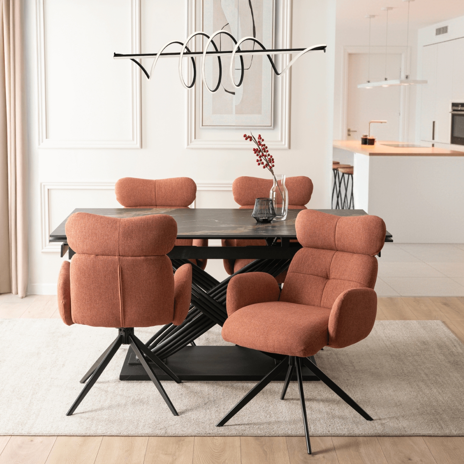 Zestaw Stół Rozkładany IBIZA 160-240 cm Czarny Marmur i 4 Krzesła Obrotowe ALVARO Rude IBIZA/CZZL/CZ/S160-240/ALVARO/RD/T/Z4/K