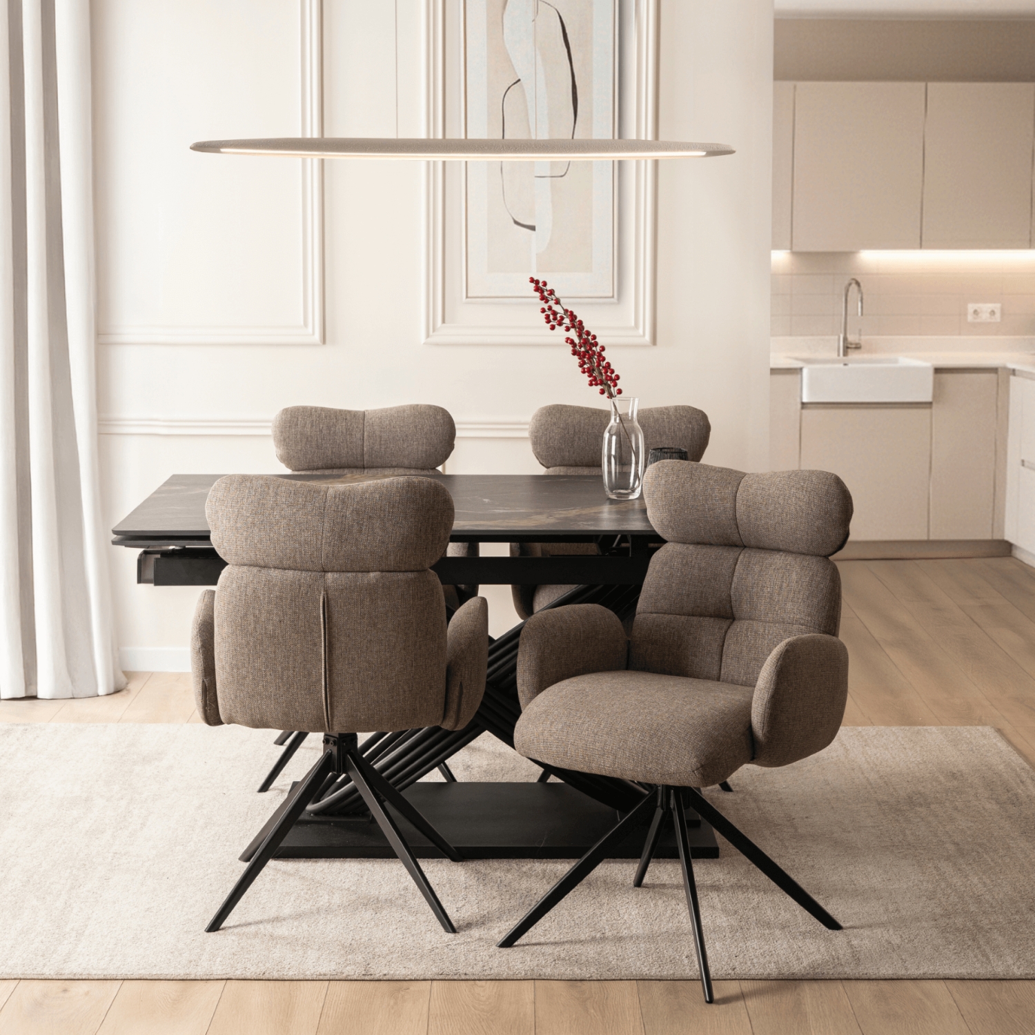 Zestaw Stół Rozkładany IBIZA 160-240 cm Czarny Marmur i 4 Krzesła Obrotowe ALVARO Brązowe IBIZA/CZZL/CZ/S160-240/ALVARO/BR/T/Z4/K