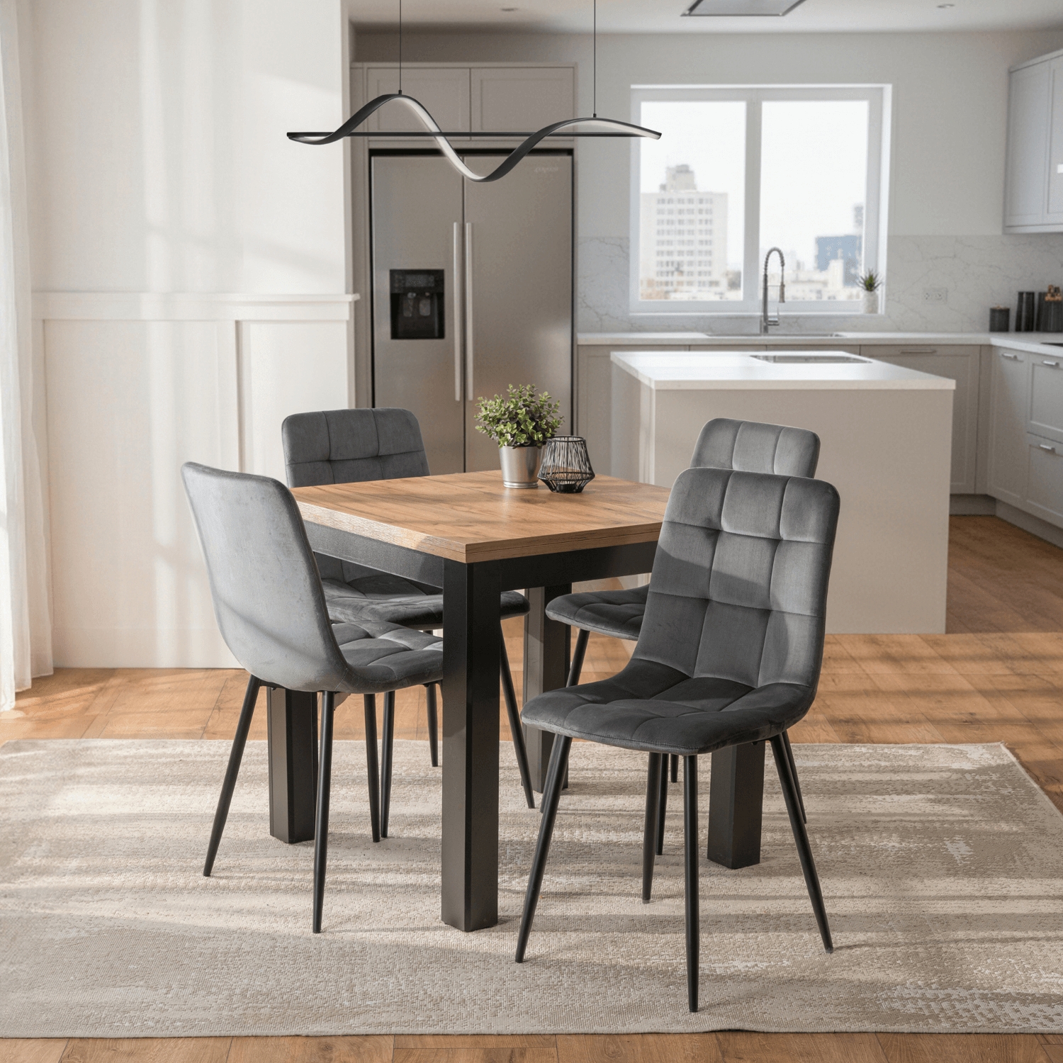 Zestaw Stół Kwadratowy Rozkładany MAX 80-160 cm Dąb Craft/Czarny i 4 Krzesła PERU Szare Welurowe W.MAX/DC/CZ/S/PERU/P/V/Z4/K