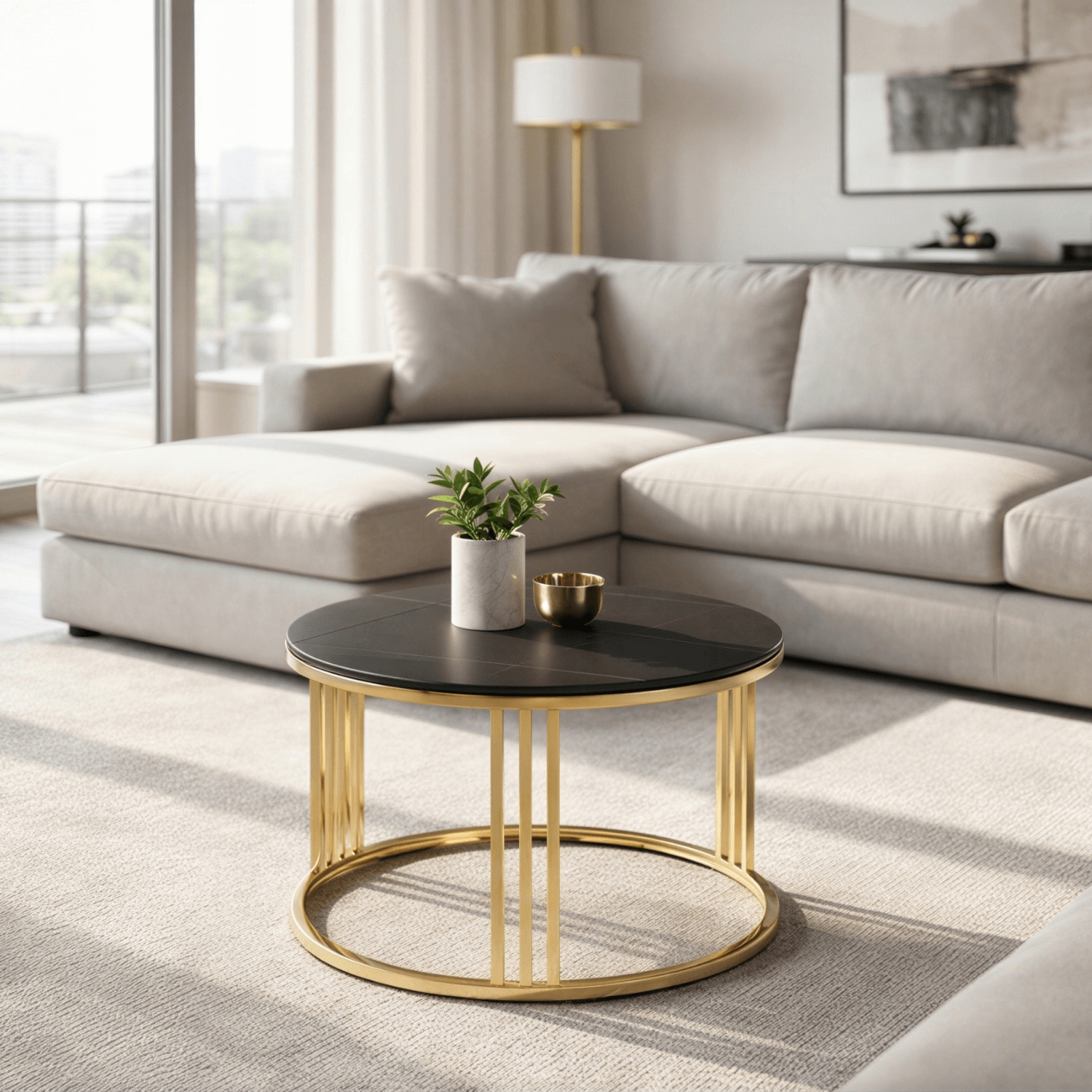 Stolik Kawowy Ceramiczny KORIN 70 cm Czarny Marmur/Złoty Glamour Nowoczesny ME.KORIN/CZ/ZL/CER/L