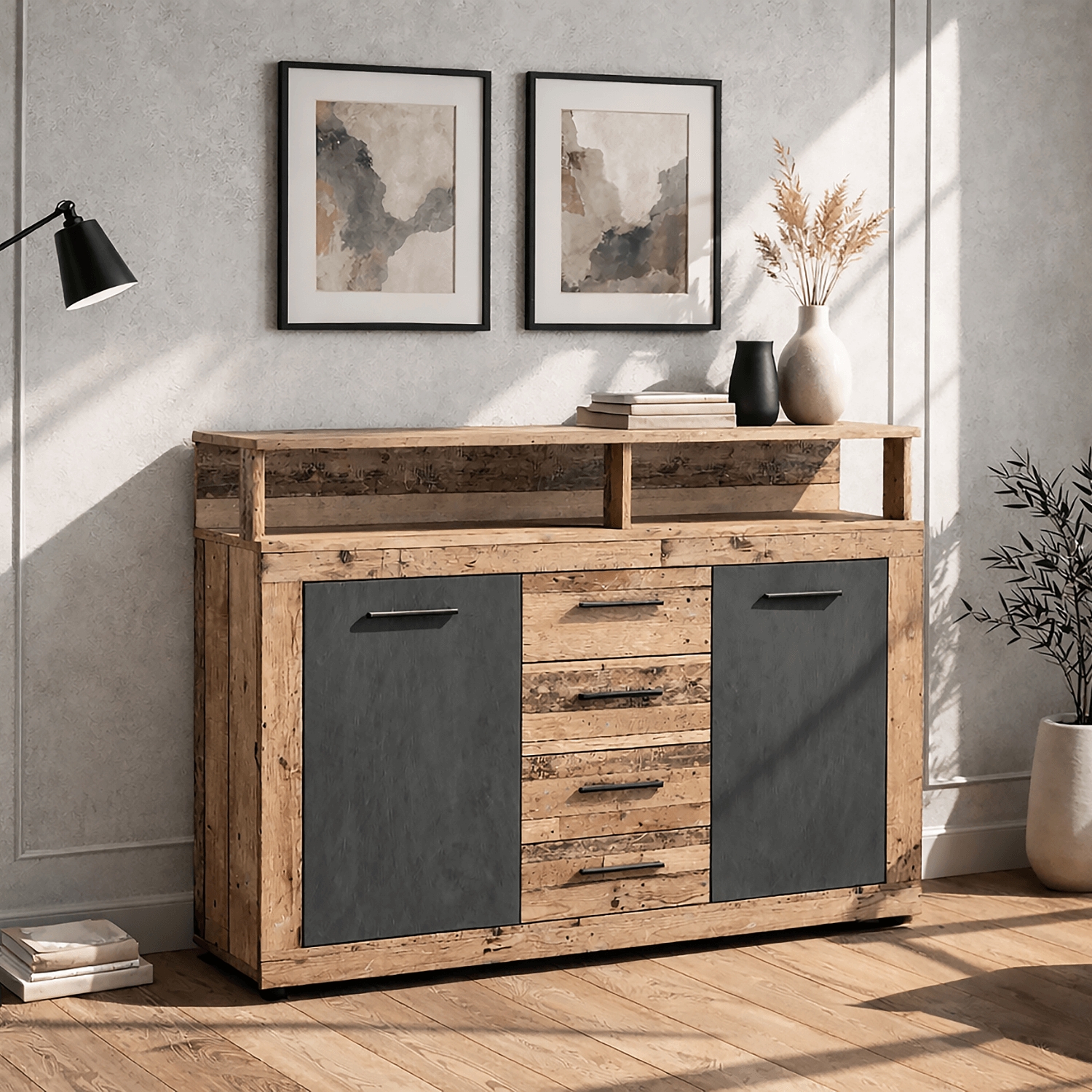 Komoda Dwudrzwiowa z Szufladami BLAGO MIDI B 119,5 cm Surowy Dąb/Grafit Loft W.LUNA/MIDIB/OSL/MA/KOM2D4S