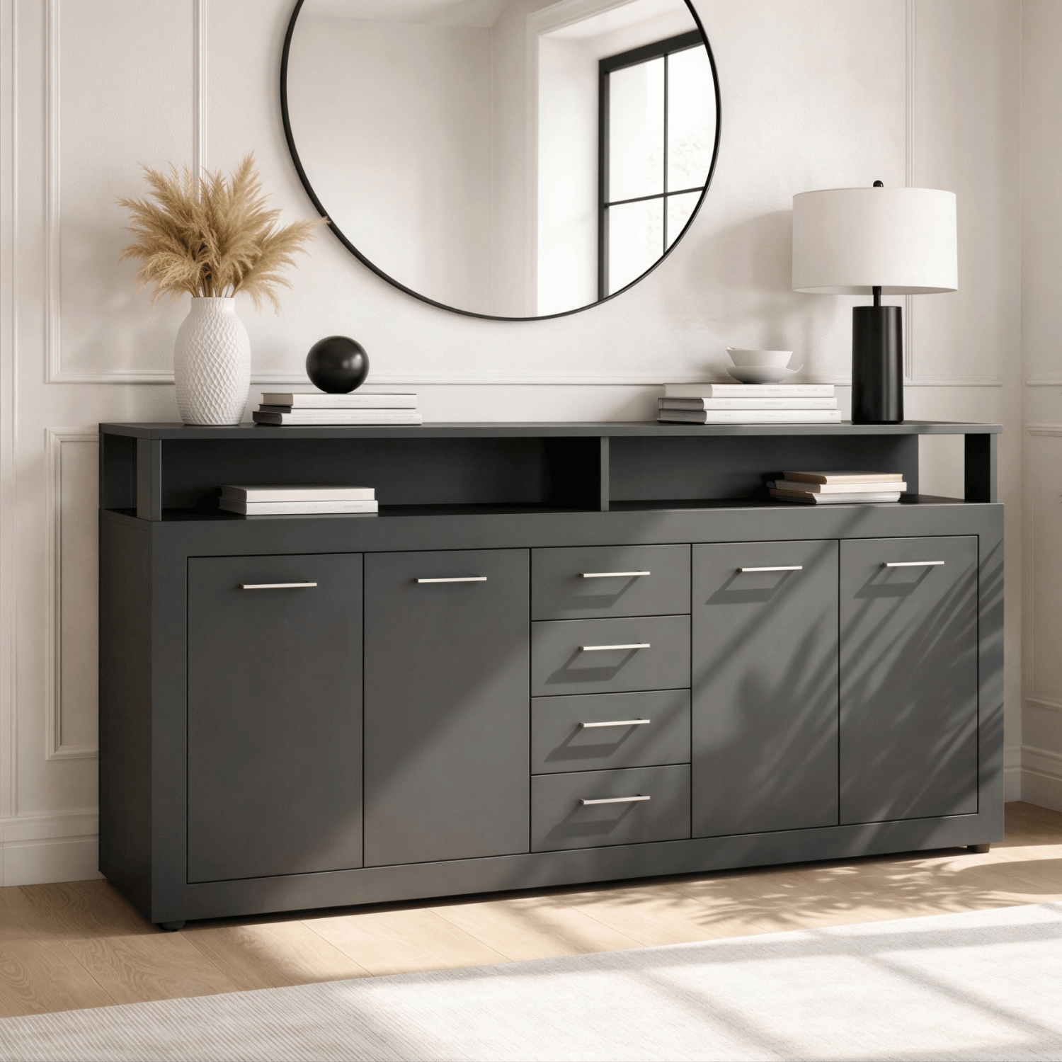 Komoda Czterodrzwiowa z Szufladami BLAGO 190 cm Antracyt Nowoczesna W.LUNA/ANT/ANT/KOM4D4S