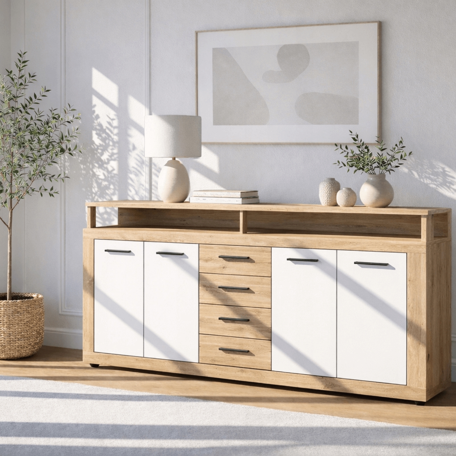 Komoda Czterodrzwiowa z Szufladami BLAGO 190 cm Dąb Artisan/Biały Nowoczesna W.LUNA/DA/B/KOM4D4S