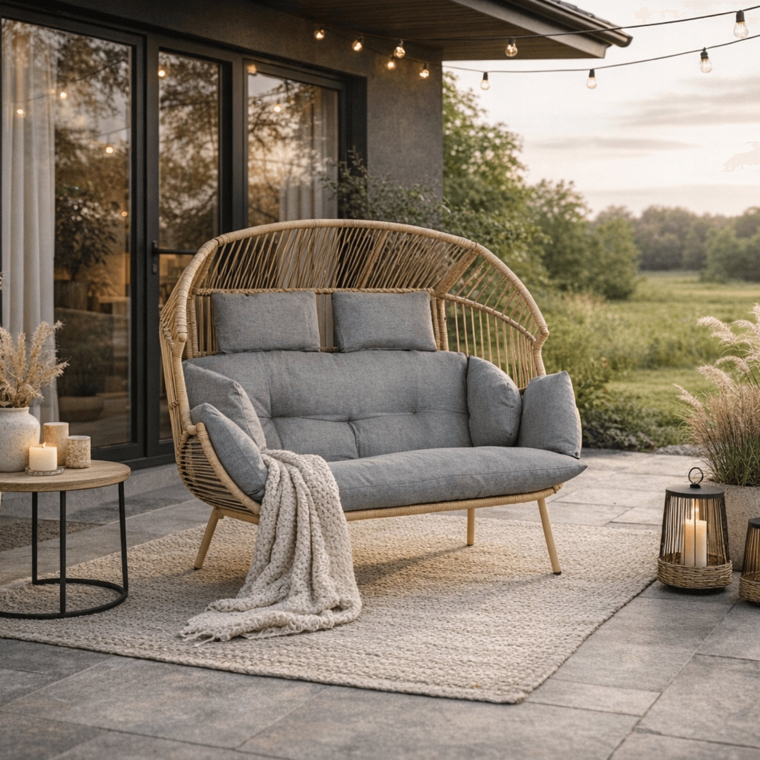 Fotel Ogrodowy KORYNT Dwuosobowy Kokon Szary Nowoczesny Boho ME.KORYNT2S/P/NAT/T/FW