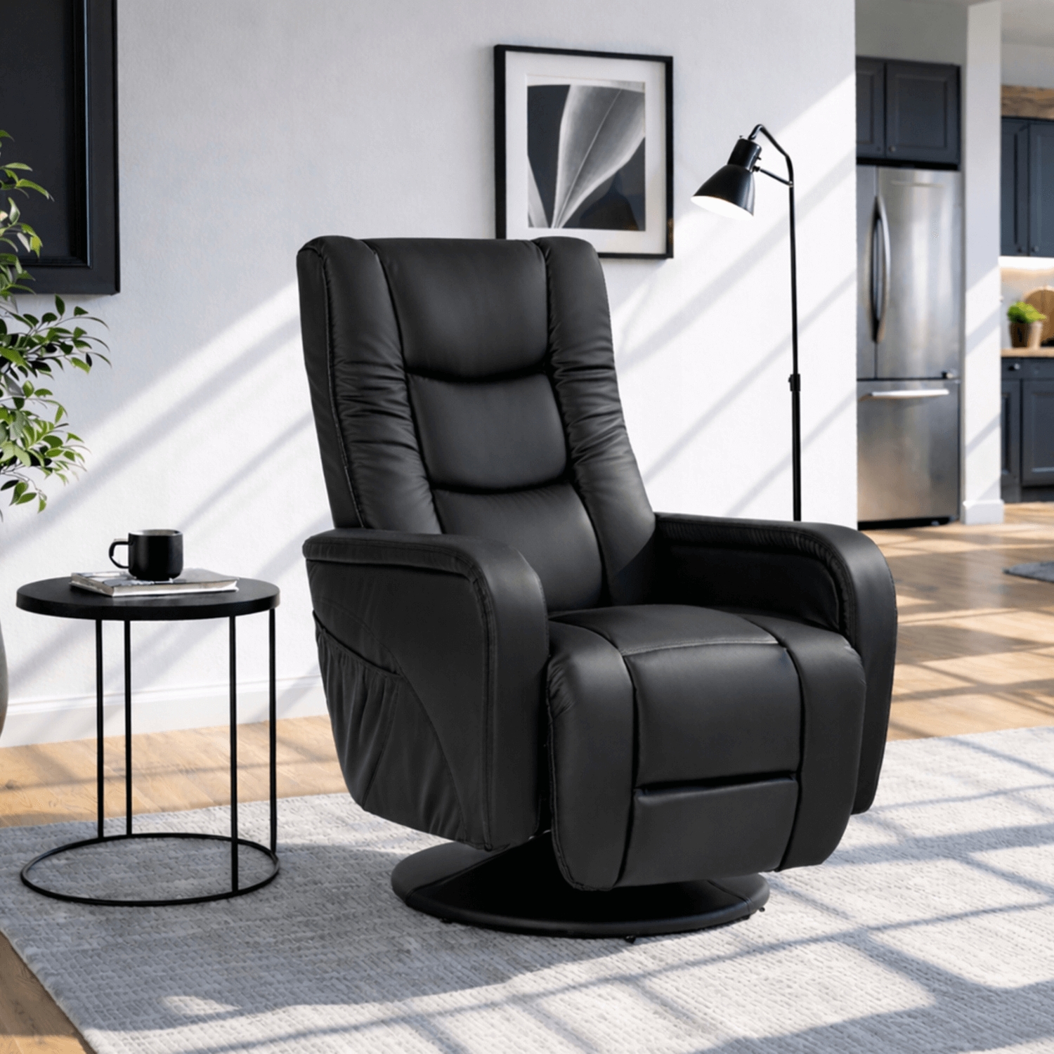 Fotel Rozkładany Obrotowy Masujący z Podnóżkiem SPIKE Czarny Ekoskóra Nowoczesny ME.SPIKE/CZ/E/FW