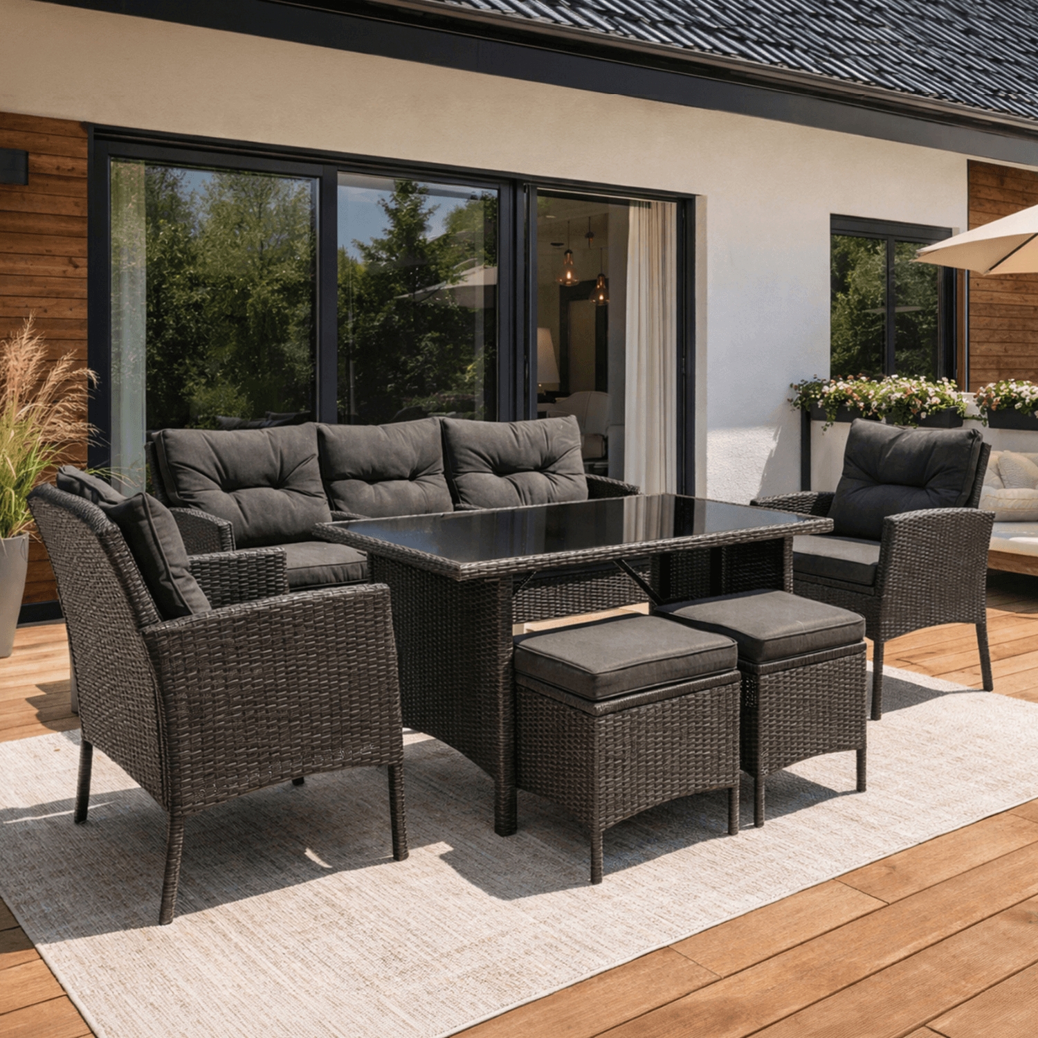 Zestaw Mebli Ogrodowych ATLANTA Czarny Sofa Pufy Stolik Tarasowy Technorattan Nowoczesny ME.ATLANTA/CZ/RT/OGR/ZES