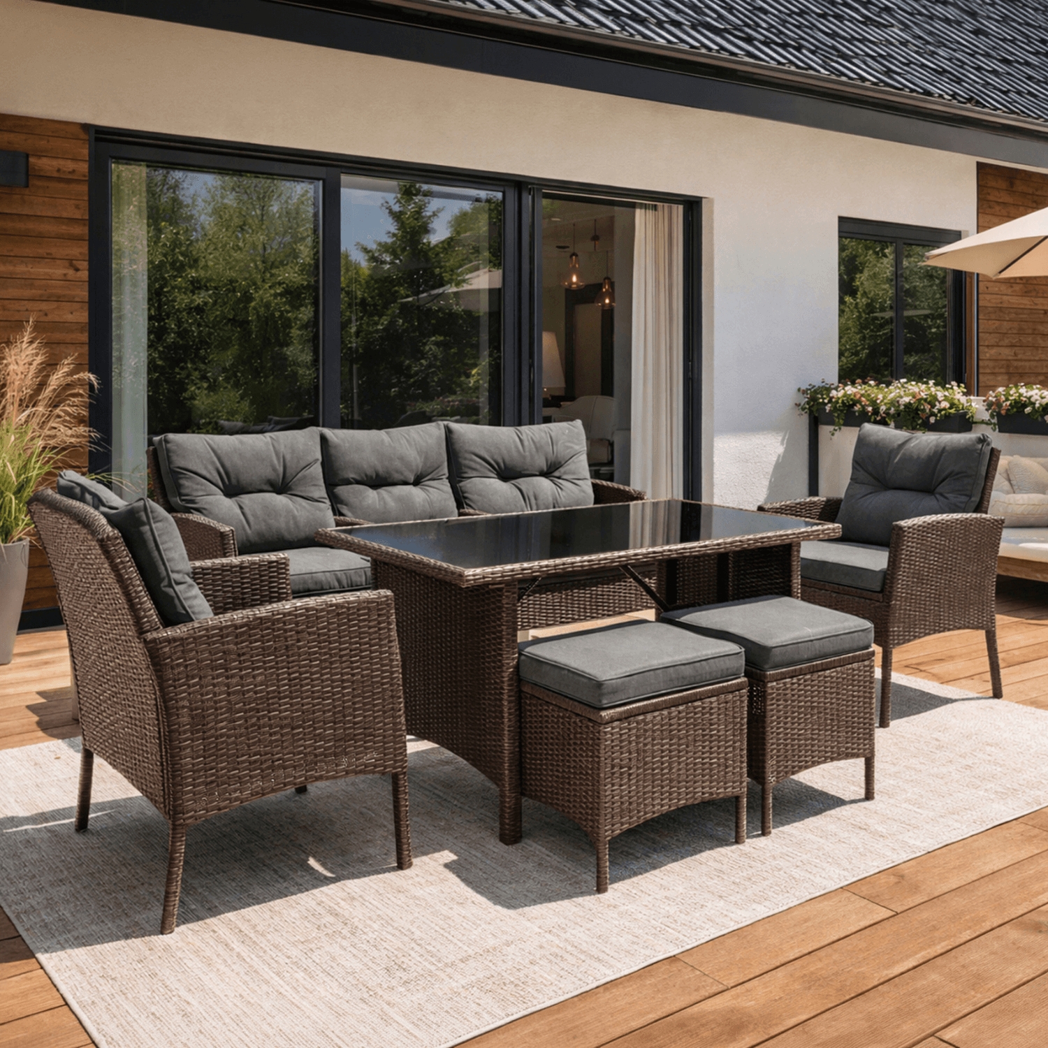 Zestaw Mebli Ogrodowych ATLANTA Brązowy Sofa Pufy Stolik Tarasowy Technorattan Nowoczesny ME.ATLANTA/BR/RT/OGR/ZES