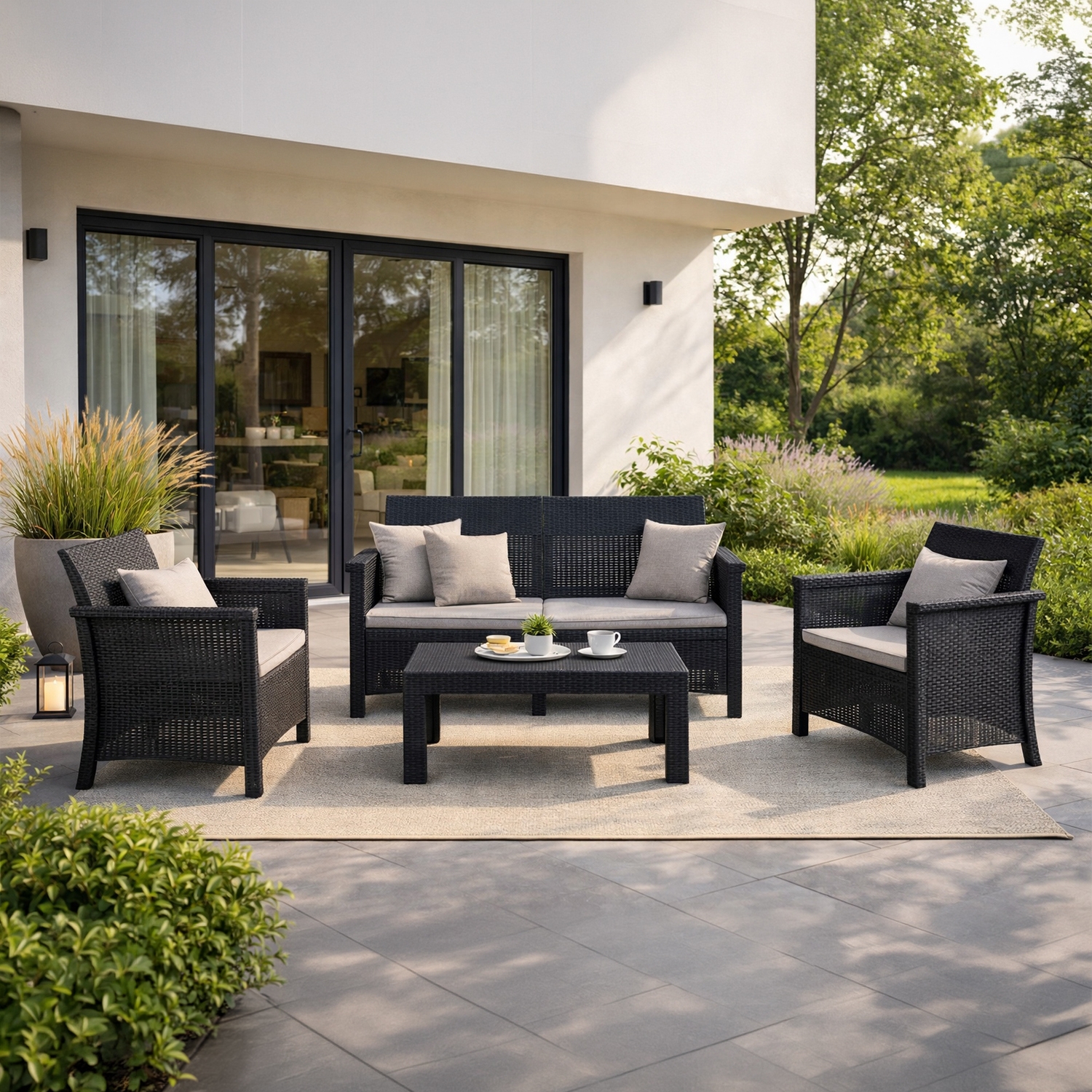 Zestaw Mebli Ogrodowych BRENTA Czarny/Szary 2xFotel Sofa Stolik Tarasowy Technorattan Nowoczesny ME.BRENTA/CZ/RT/OGR/ZES