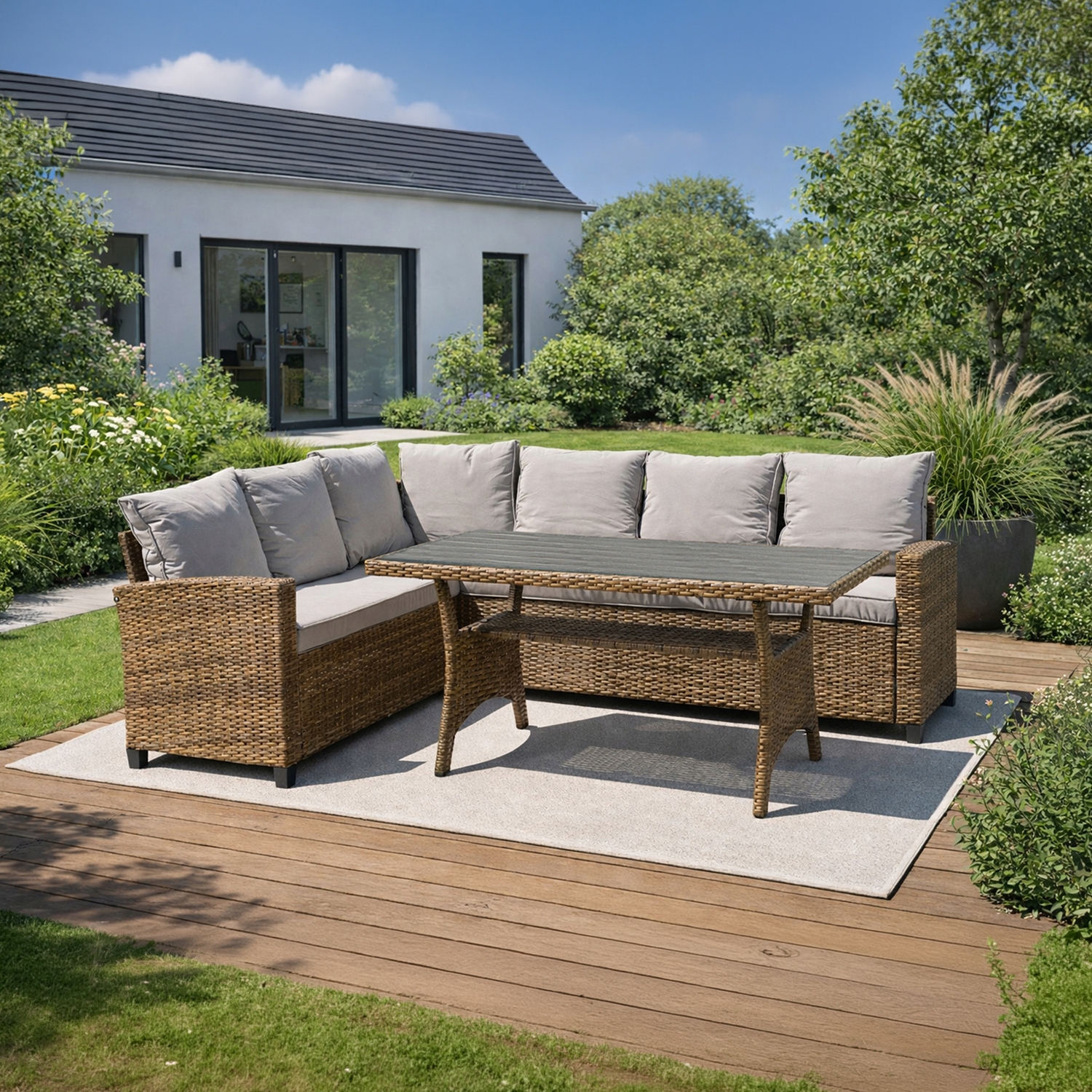 Zestaw Mebli Ogrodowych COMODO Brązowy/Szary Narożnik Stolik Tarasowy Technorattan Nowoczesny ME.COMODO/MIO/RT/OGR/ZES