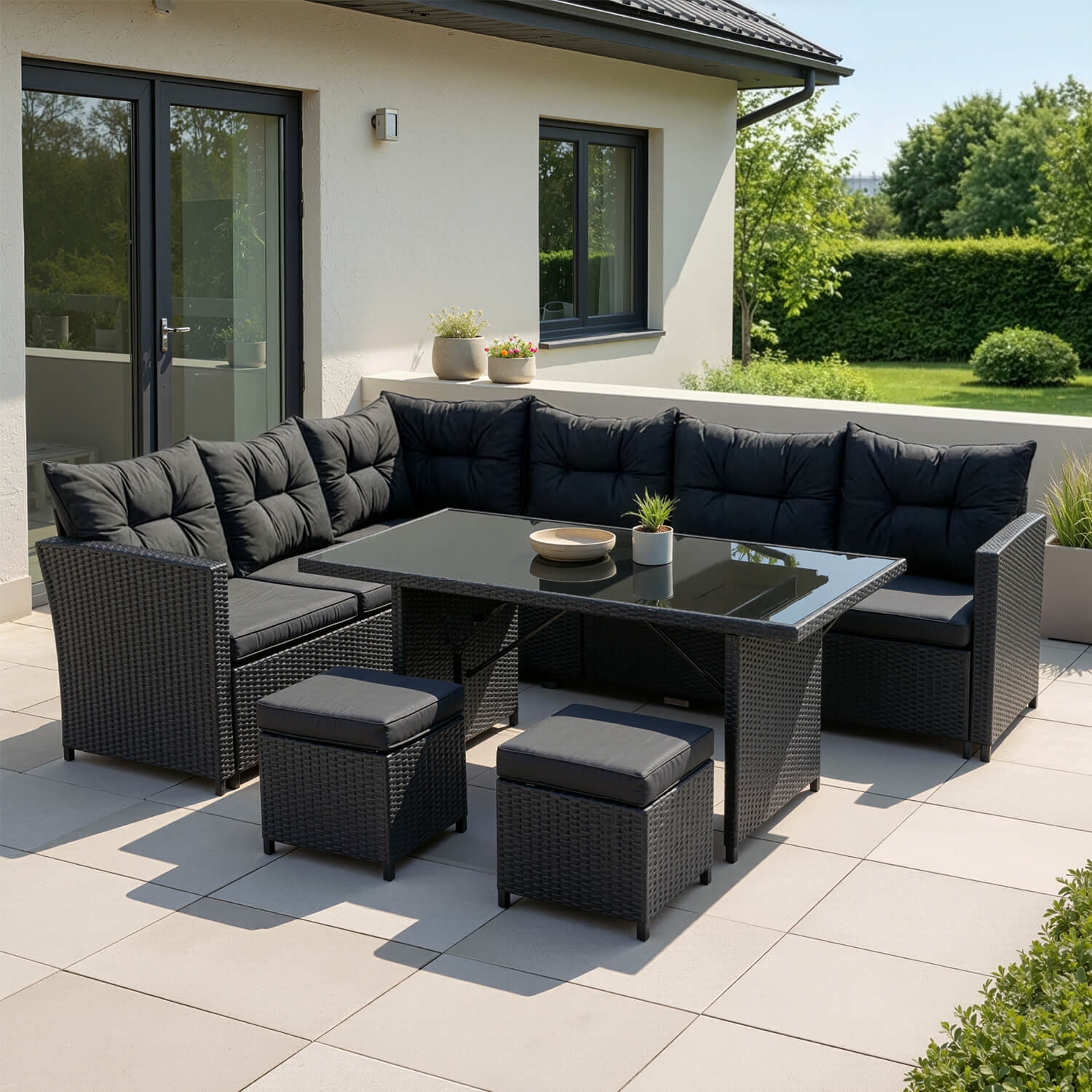 Zestaw Mebli Ogrodowych DALLAS Czarny/Ciemnoszary Narożnik Pufy Stolik Tarasowy Technorattan Nowoczesny ME.DALLAS/CZ/RT/OGR/ZES