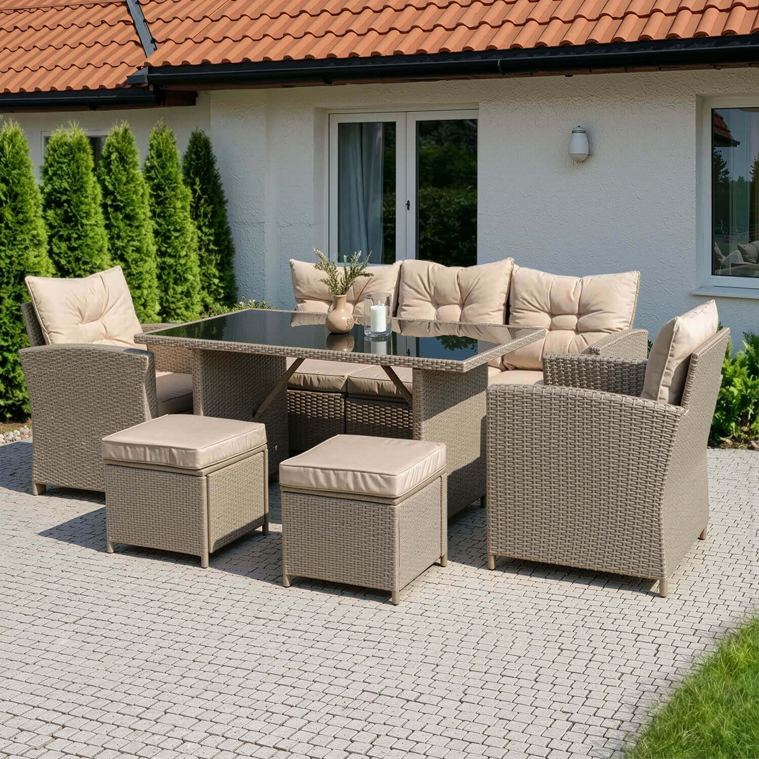 Zestaw Mebli Ogrodowych COLORADO Beżowy Sofa Pufy Stolik Tarasowy Technorattan Nowoczesny ME.COLORADO/P/BZ/RT/OGR/ZES