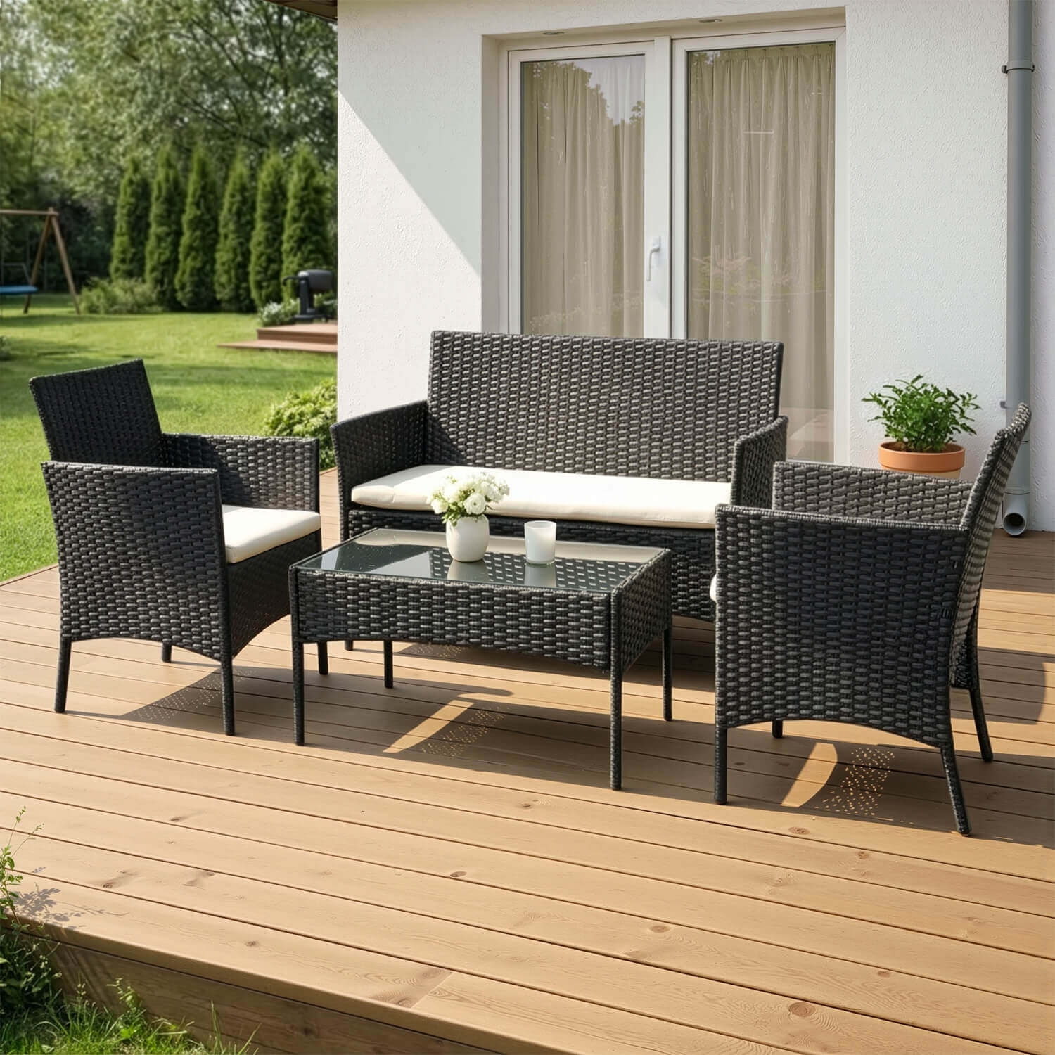 Zestaw Mebli Ogrodowych MISSISIPI Czarny/Beżowy Sofa Krzesła Stolik Tarasowy Technorattan Nowoczesne ME.MISSISIPI/CZ/RT/OGR/ZES