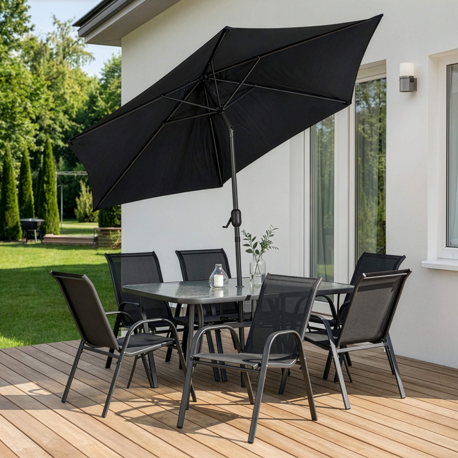 Zestaw Mebli Ogrodowych NEBRASKA Szary 6 Krzeseł Stół Tarasowy Parasol Nowoczesny ME.NEBRASKA/P/T/OGR/ZES