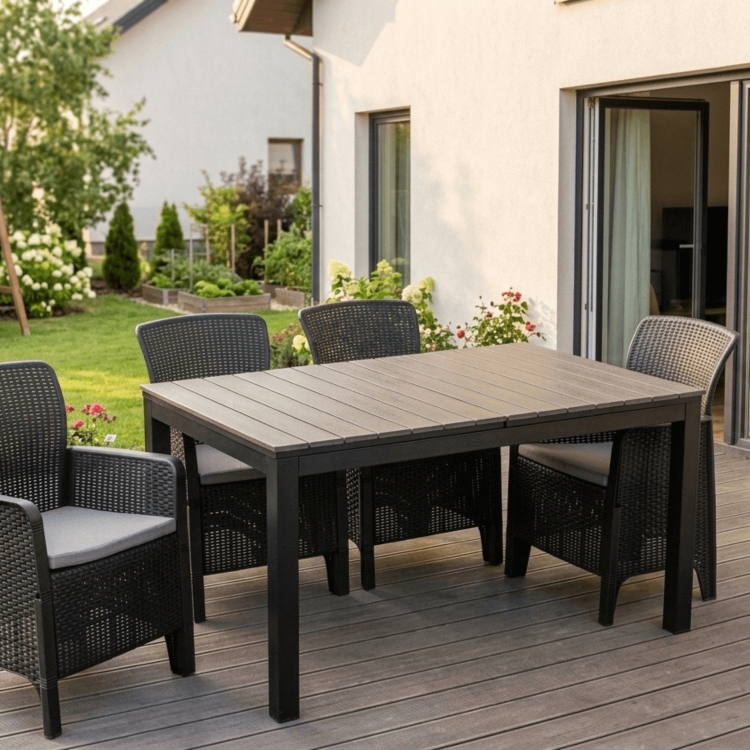 Stół Ogrodowy Prostokątny ARGOS 140-180 cm Rozkładany Ciemnoszary Dąb/Czarny ME.ARGOS/140-180/P/CZ/OGR/S