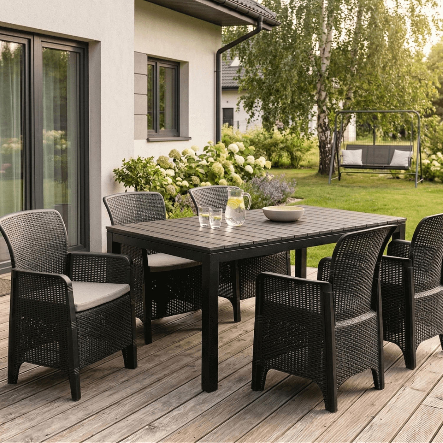 Stół Ogrodowy Prostokątny ARGOS 160-210 cm Rozkładany Ciemnoszary Dąb/Czarny ME.ARGOS/160-210/P/CZ/OGR/S