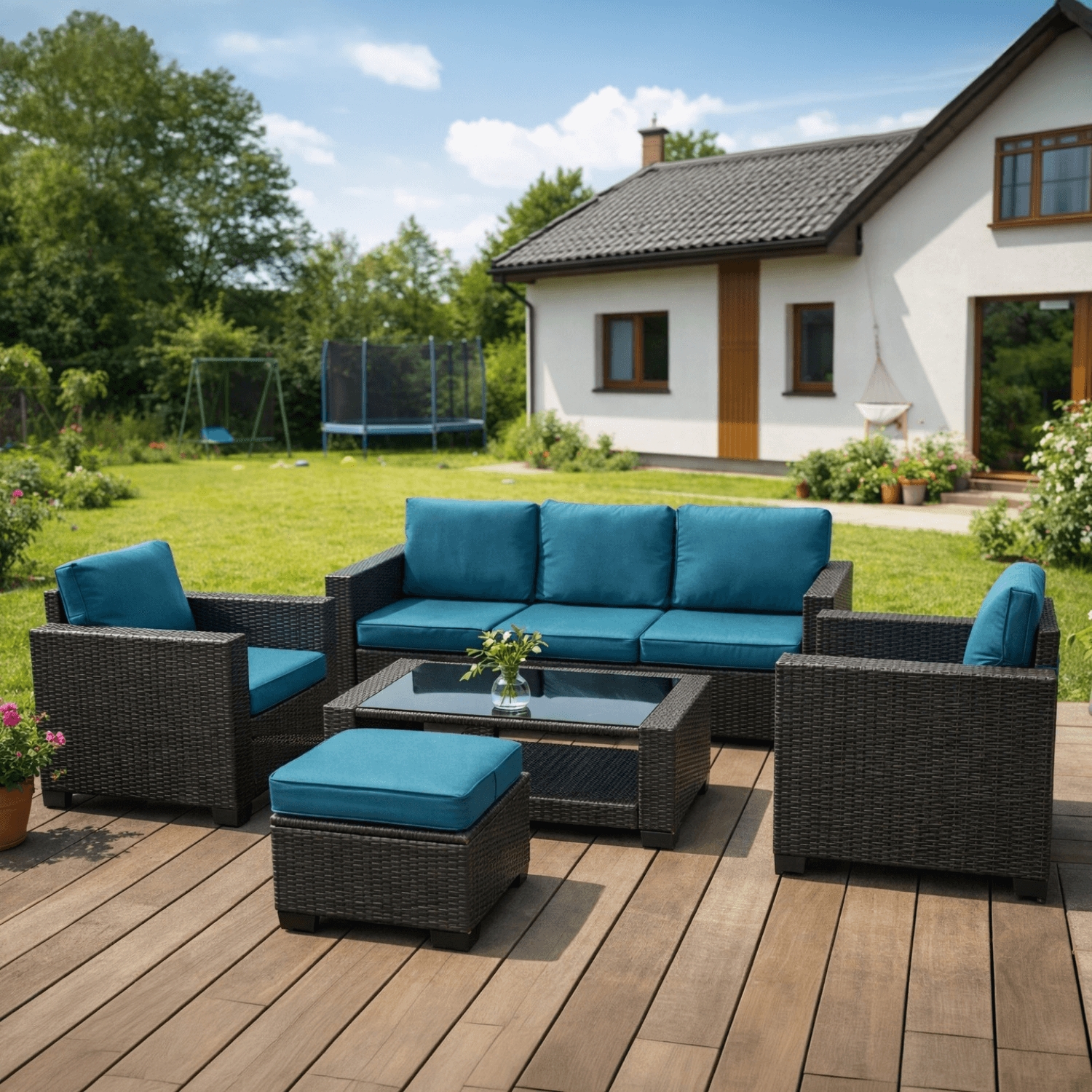 Zestaw Mebli Ogrodowych OLYMPIA Szary/Granatowy Sofa Fotele Pufa Stolik Technorattan Nowoczesny ME.OLYMPIA/CBR/RT/OGR/ZES