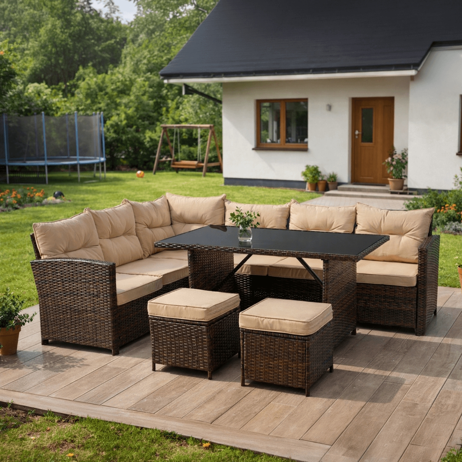 Zestaw Mebli Ogrodowych DALLAS Brązowy/Beżowy Narożnik Pufy Stolik Tarasowy Technorattan Nowoczesny ME.DALLAS/BR/RT/OGR/ZES