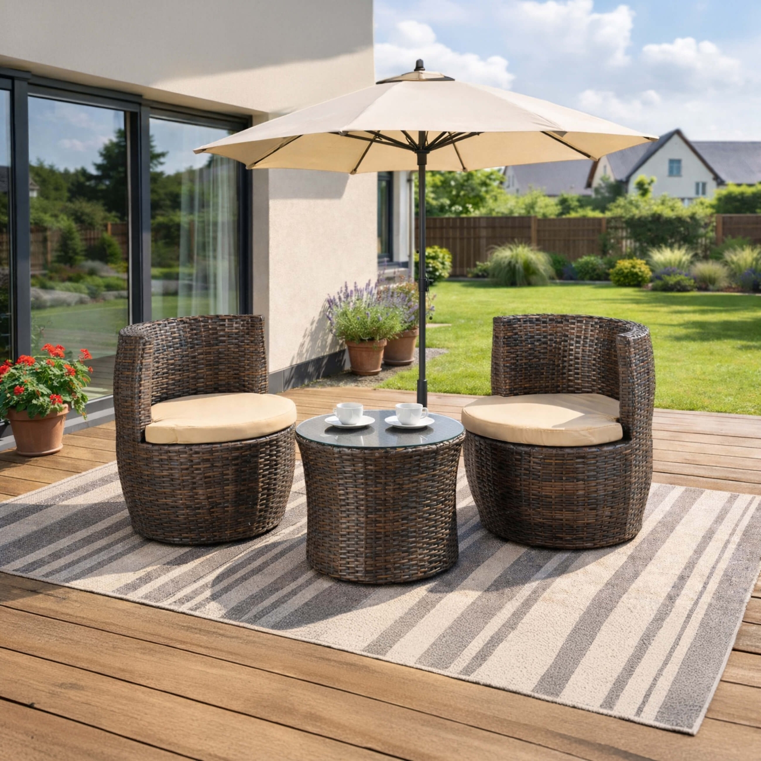 Zestaw Mebli Ogrodowych FRIO Brązowy/Beżowy 2x Fotel Stolik Tarasowy Nowoczesny ME.FRIO/BR/RT/OGR/ZES