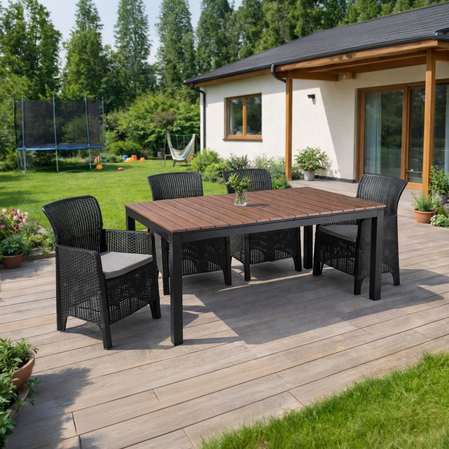 Zestaw Mebli Ogrodowych Stół ARGOS 140-180 cm Orzech/Czarny i 4x Fotel FRESNO Czarny Technorattan Nowoczesny ME.ARGOS/140-180/O/CZ/OGR/S:1|ME.FRESNO/C