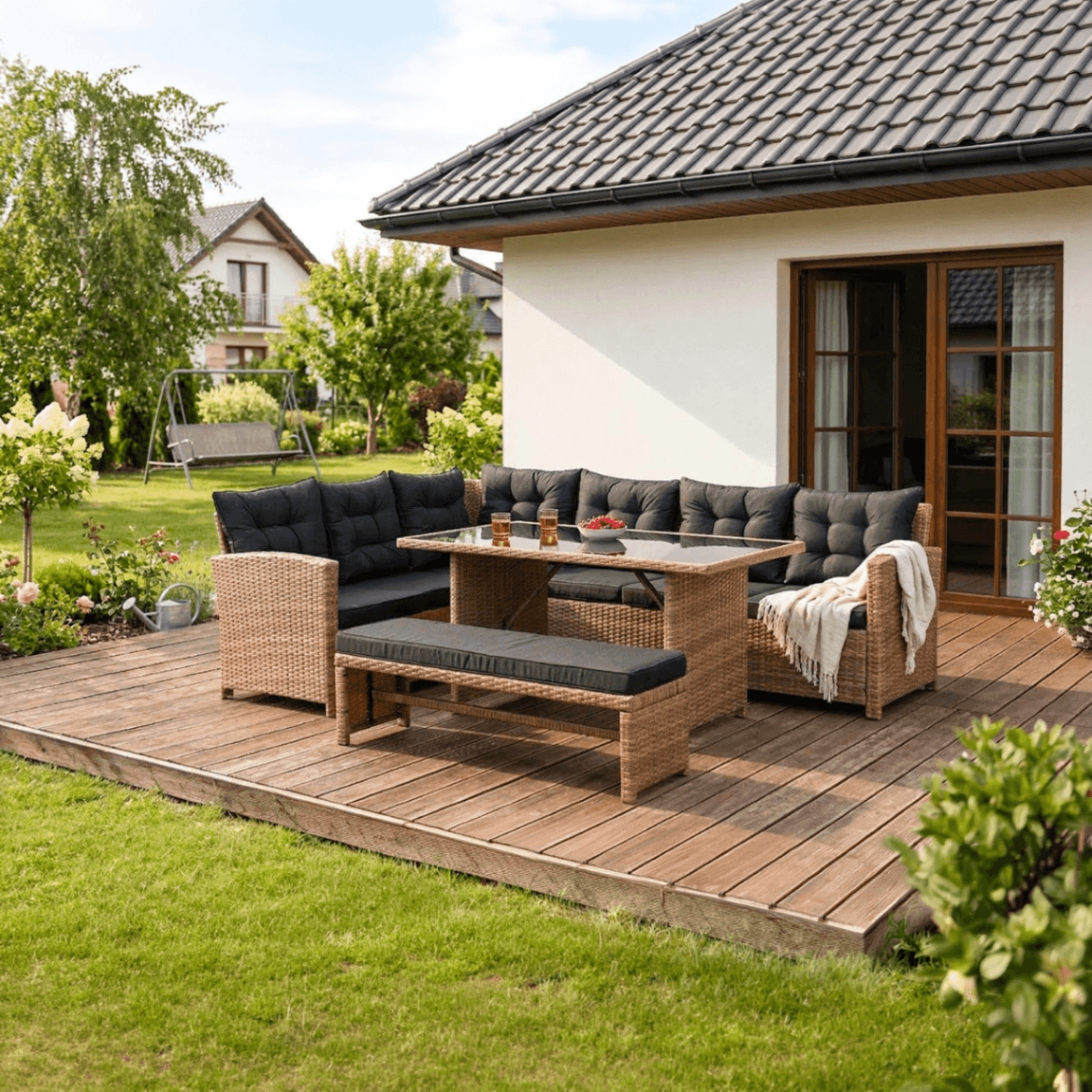 Zestaw Mebli Ogrodowych LIMPIO Jasnobrązowy/Czarny Narożnik Ławka Stolik Tarasowy Technorattan Nowoczesny ME.LIMPIO/MIO/RT/OGR/ZESS