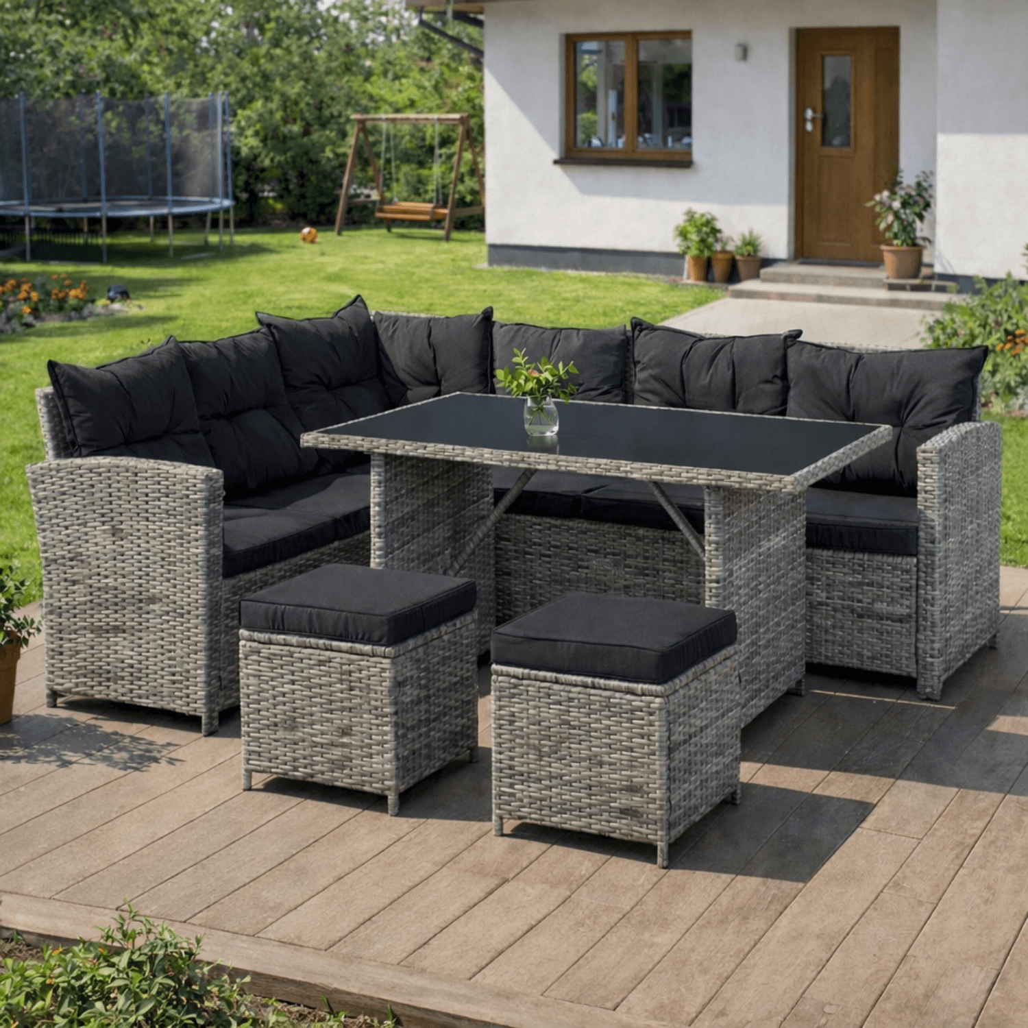 Zestaw Mebli Ogrodowych DALLAS Szary/Czarny Narożnik Pufy Stolik Tarasowy Technorattan Nowoczesny ME.DALLAS/JP/RT/OGR/ZES