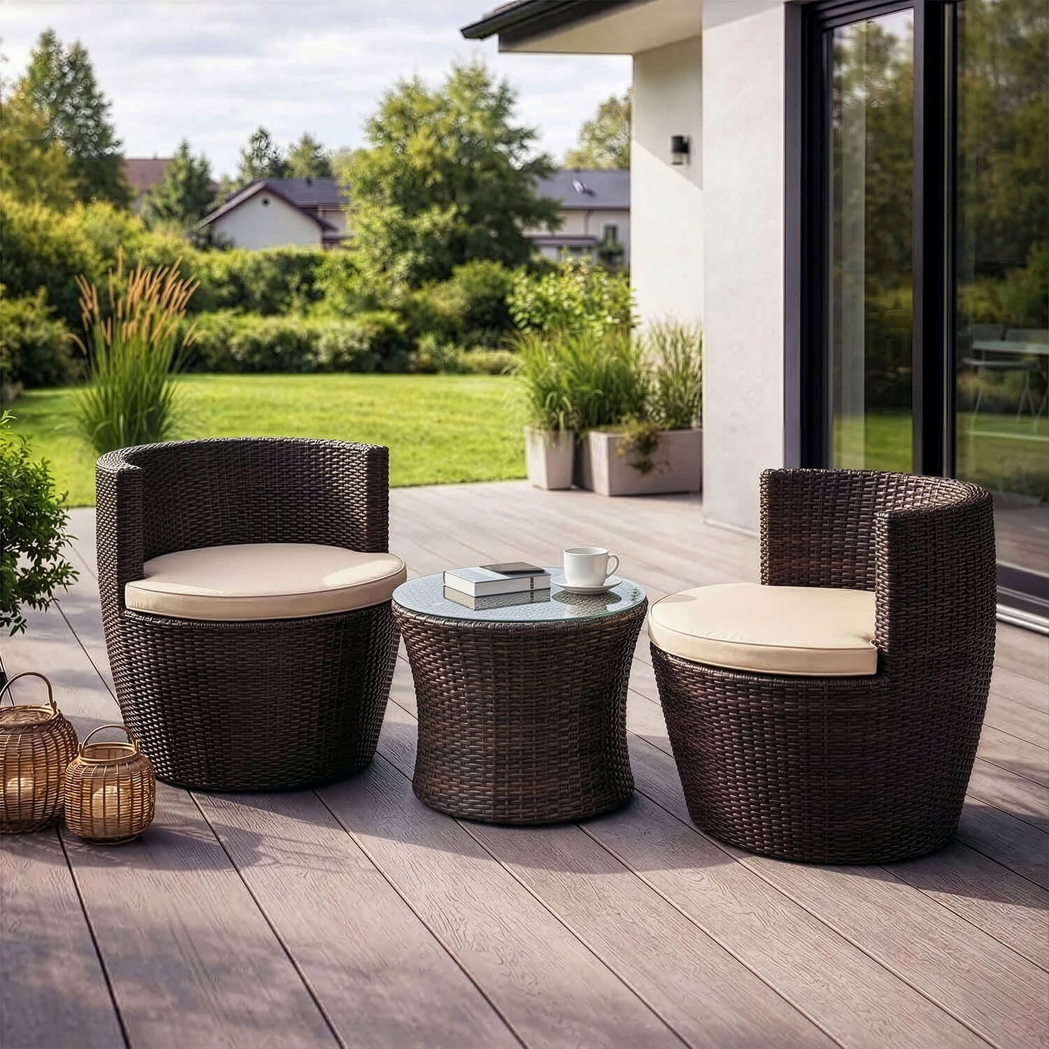 Zestaw Mebli Ogrodowych FRIO Brązowy/Beżowy 2x Fotel Stolik Tarasowy Nowoczesny ME.FRIO/BR/RT/OGR/ZES