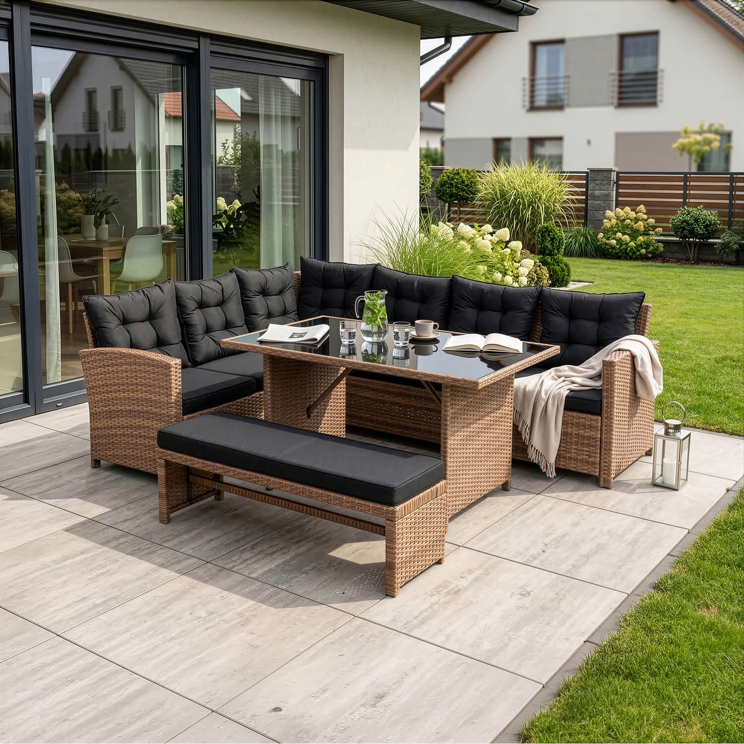 Zestaw Mebli Ogrodowych LIMPIO Jasnobrązowy/Czarny Narożnik Ławka Stolik Tarasowy Technorattan Nowoczesny ME.LIMPIO/MIO/RT/OGR/ZES