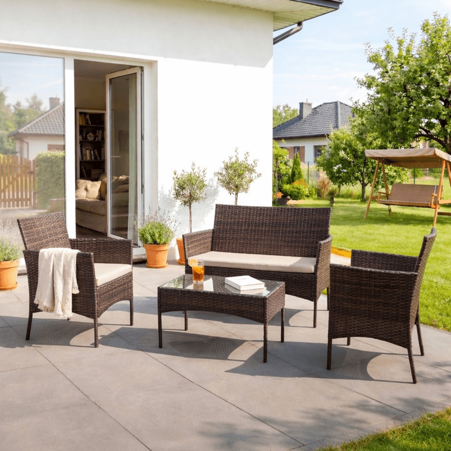 Zestaw Mebli Ogrodowych MISSISIPI Brązowy/Beżowy Sofa Krzesła Stolik Tarasowy Technorattan Nowoczesne ME.MISSISIPI/BR/RT/OGR/ZES