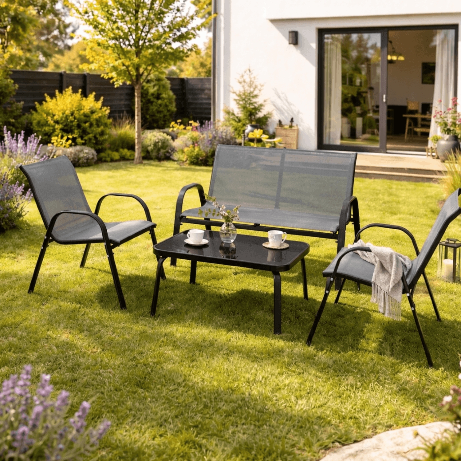 Zestaw Mebli Ogrodowych MINNESOTA Szary Ławka Krzesła Stolik Tarasowy Siatka Nowoczesny ME.MINNESOTA/P/T/OGR/ZES