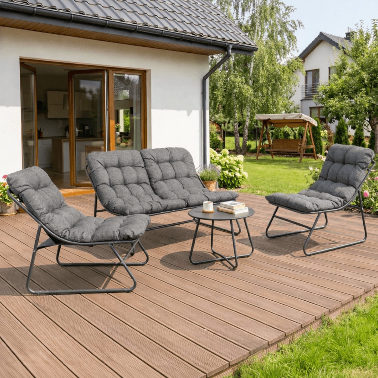 Zestaw Mebli Ogrodowych MEGARA Szary Sofa 2x Fotel Stolik Tarasowy Nowoczesny ME.MEGARA/CZ/T/ZES