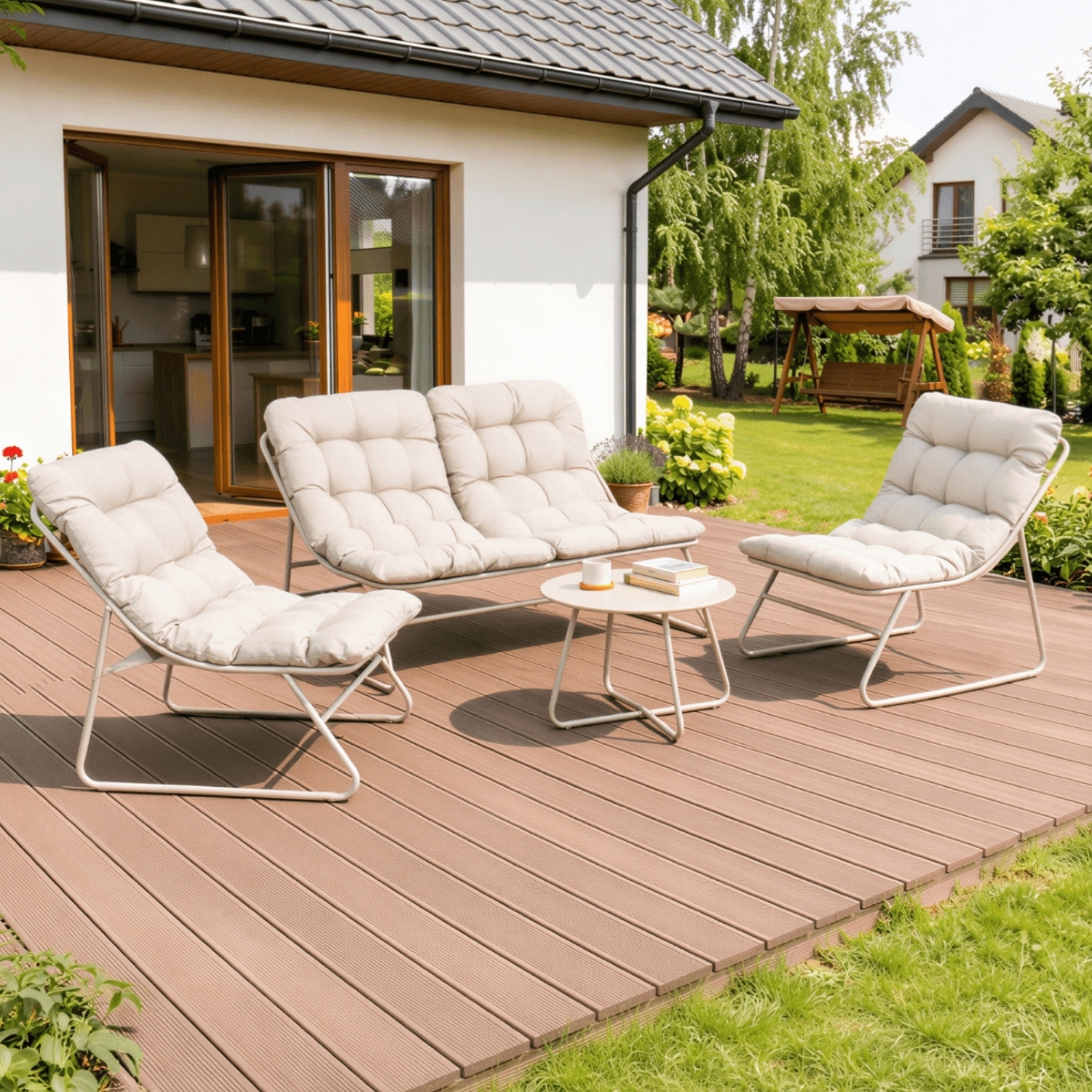 Zestaw Mebli Ogrodowych MEGARA Beżowy Sofa 2x Fotel Stolik Tarasowy Nowoczesny ME.MEGARA/P/T/ZES